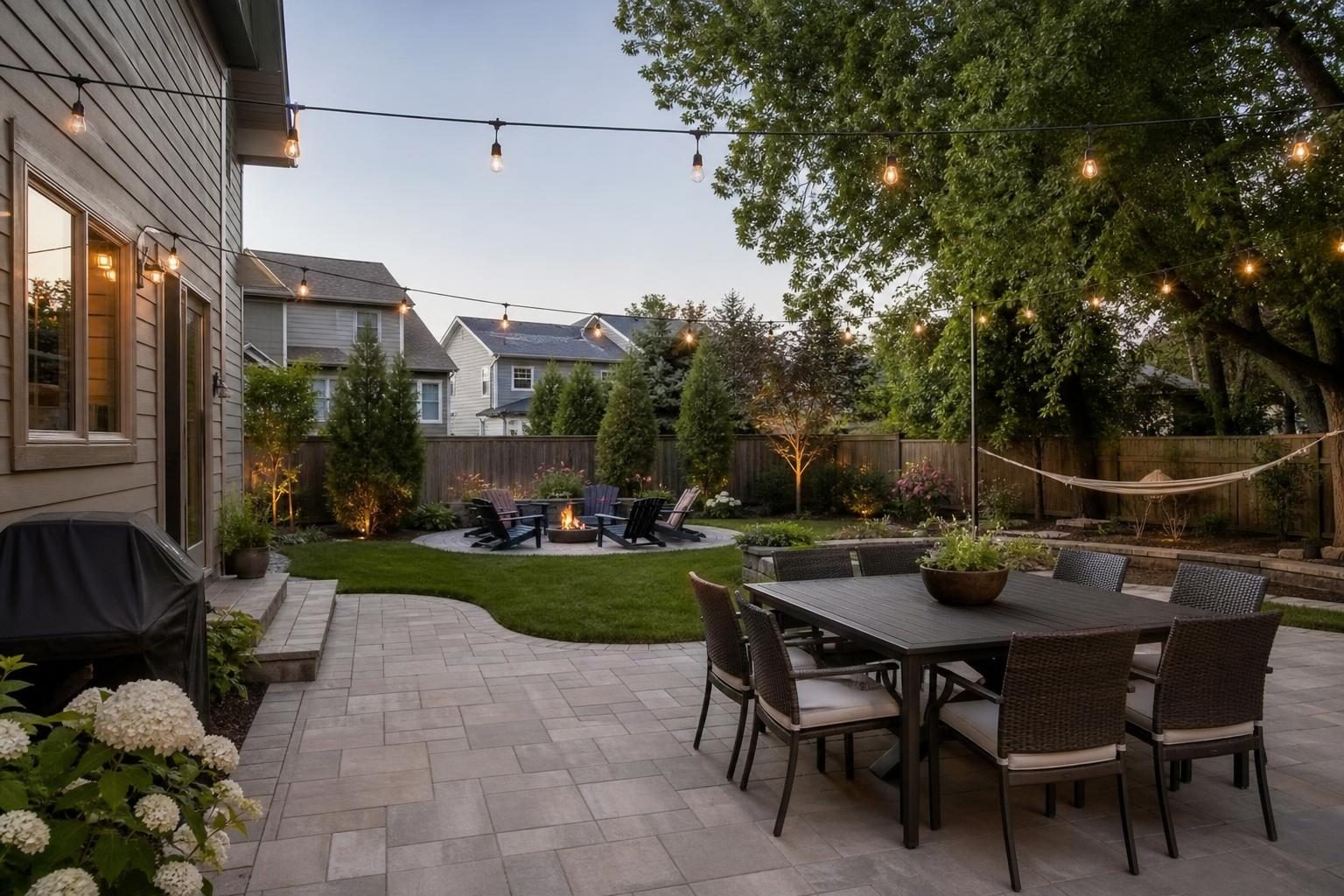 A modest backyard split into a dining patio, a fire pit lounge and a lawn.