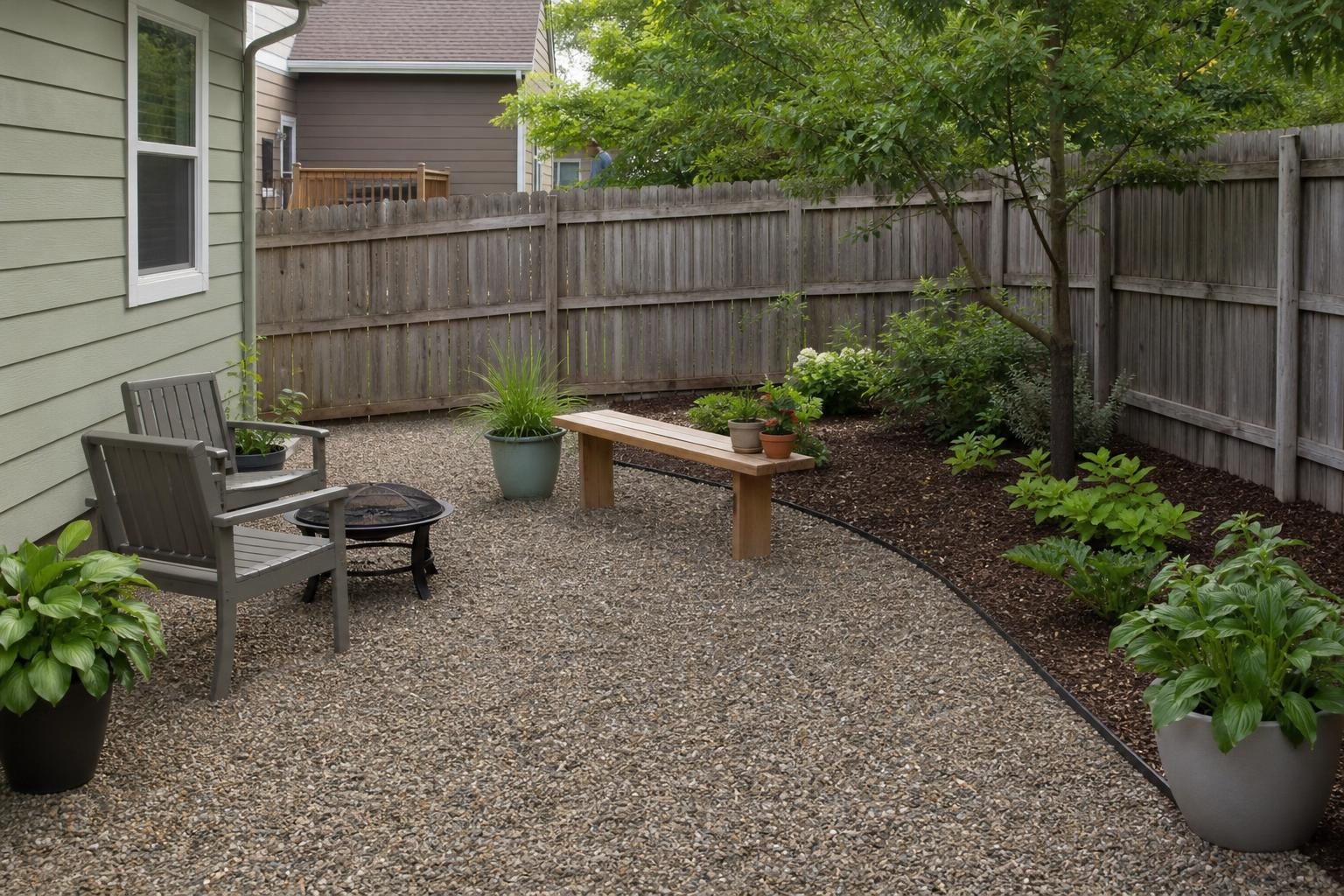 A budget backyard using gravel, containers and a mulched border instead of costly hardscape.
