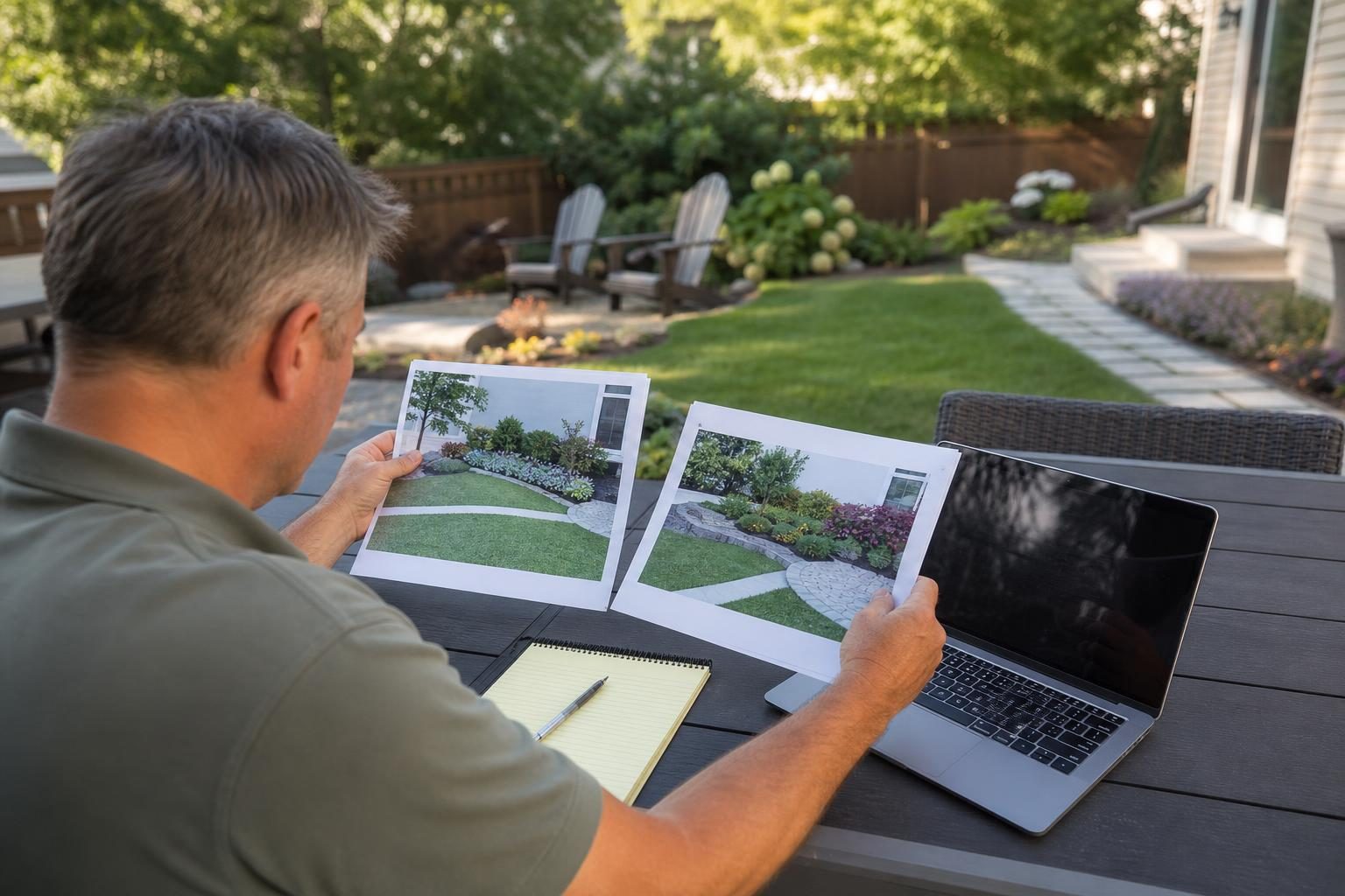 Comparing two written landscaping estimates side by side before choosing a company.