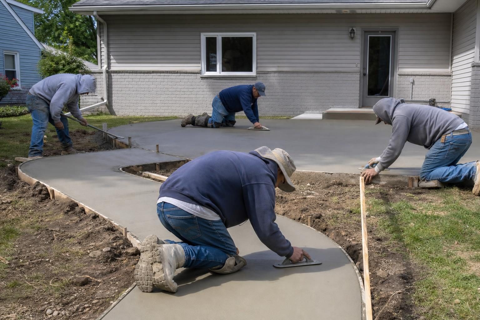 A concrete crew edges and floats a freshly poured walkway and patio inside wood forms.