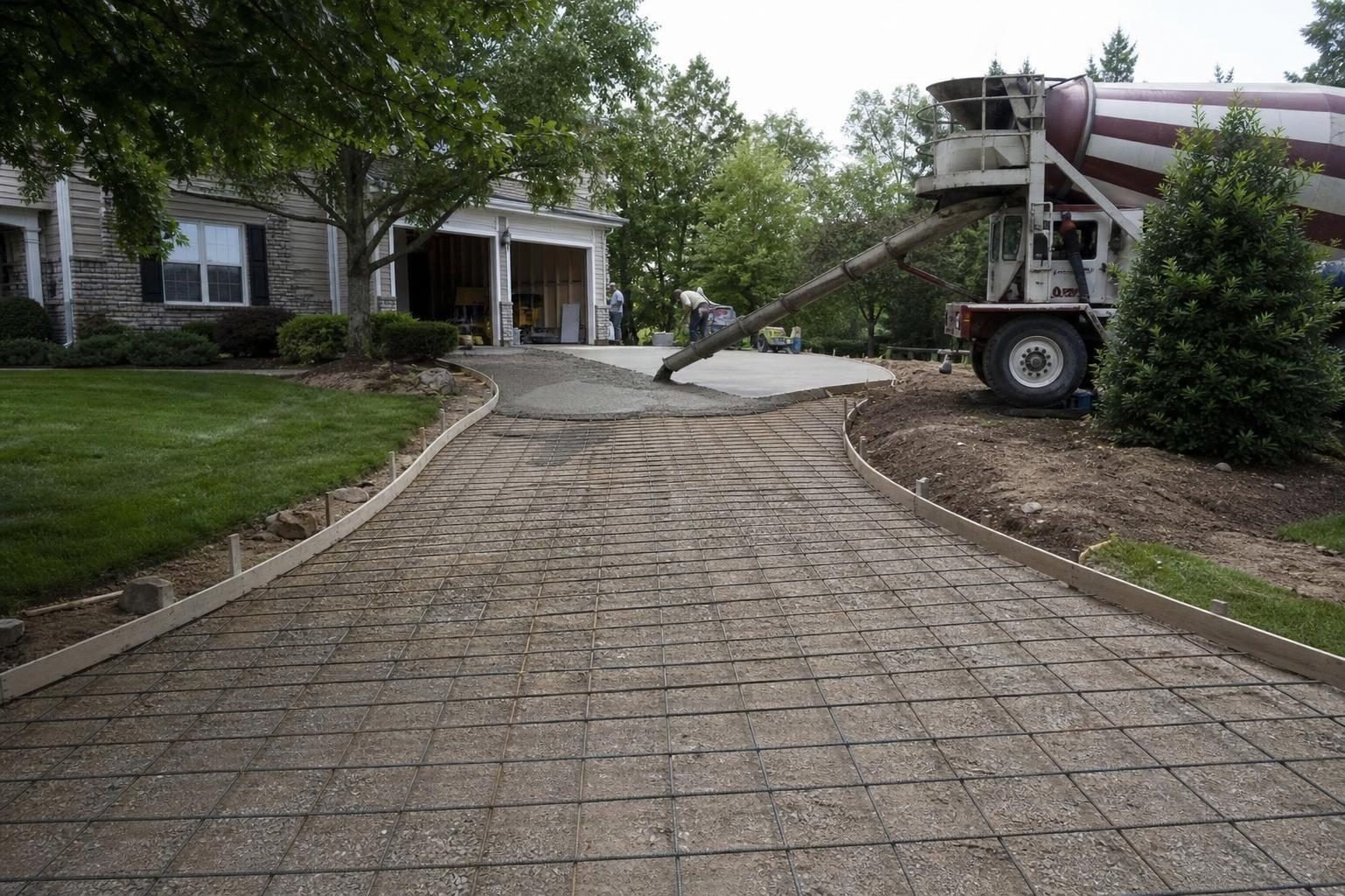A long, curved driveway being poured; size, shape and access are big drivers of concrete driveway cost.