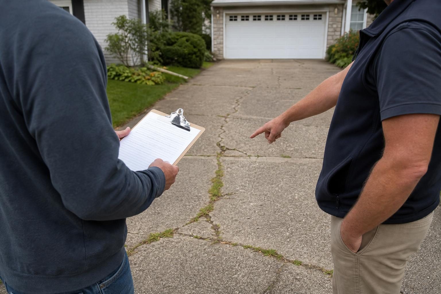 Going over a written driveway quote on site, line by line, before signing.