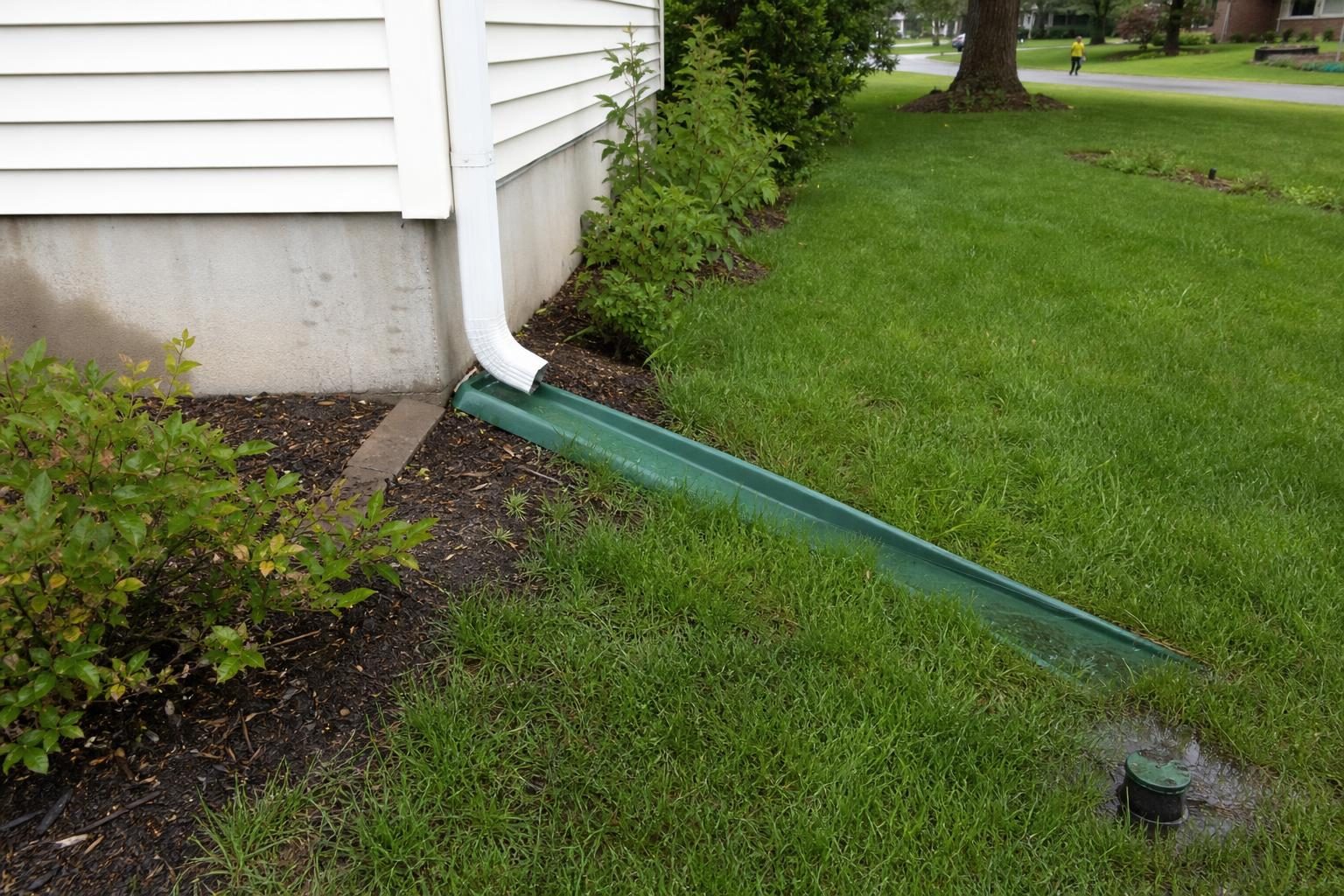 A downspout extension carries roof water away from the foundation, a low-cost way to prevent damage.