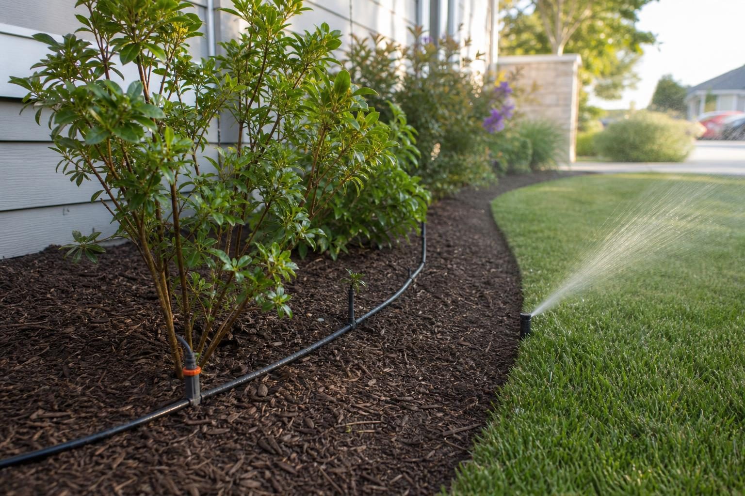 Drip tubing waters the shrub bed (left) while a pop-up spray head waters the lawn (right).