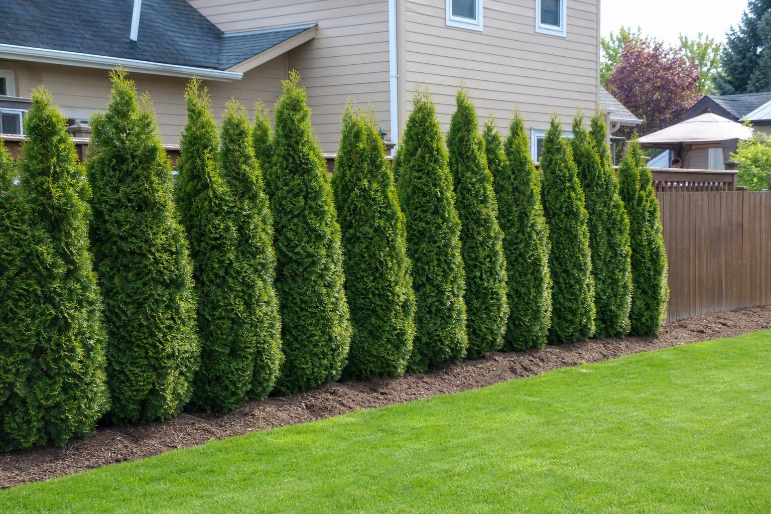 A staggered row of arborvitae forms a year-round evergreen screen along the property line.