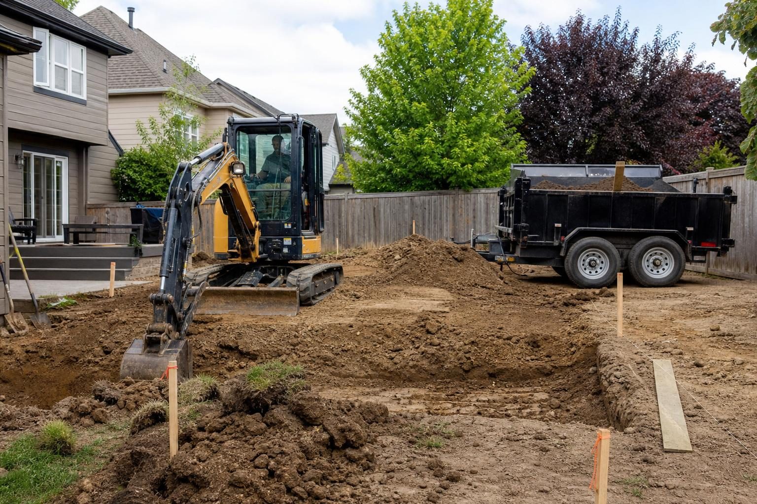 A mini excavator grades a staked backyard area before landscape construction.