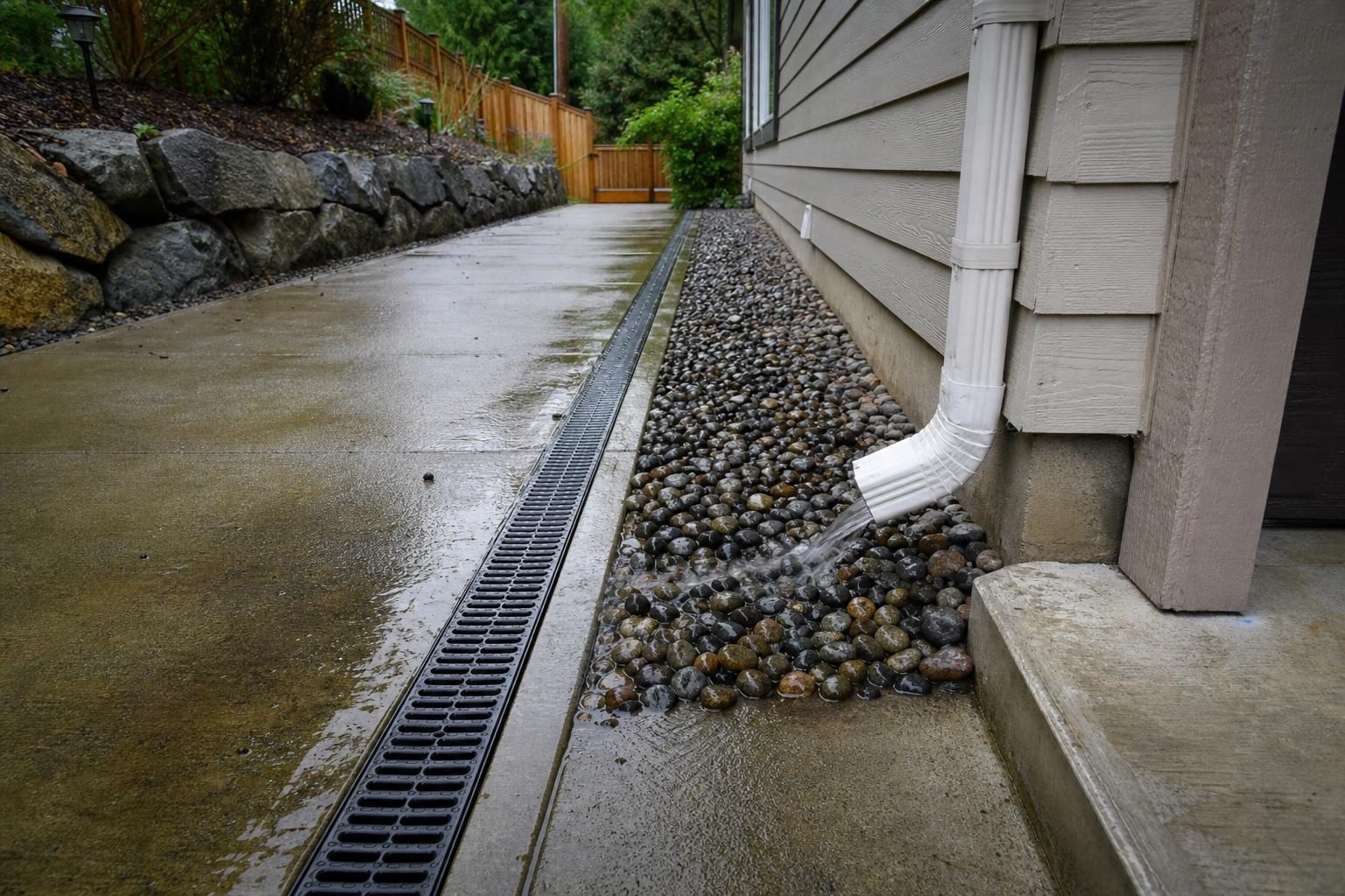 A gravel-covered French drain (left) collects water below ground; a surface channel drain (right) catches runoff at the walkway.