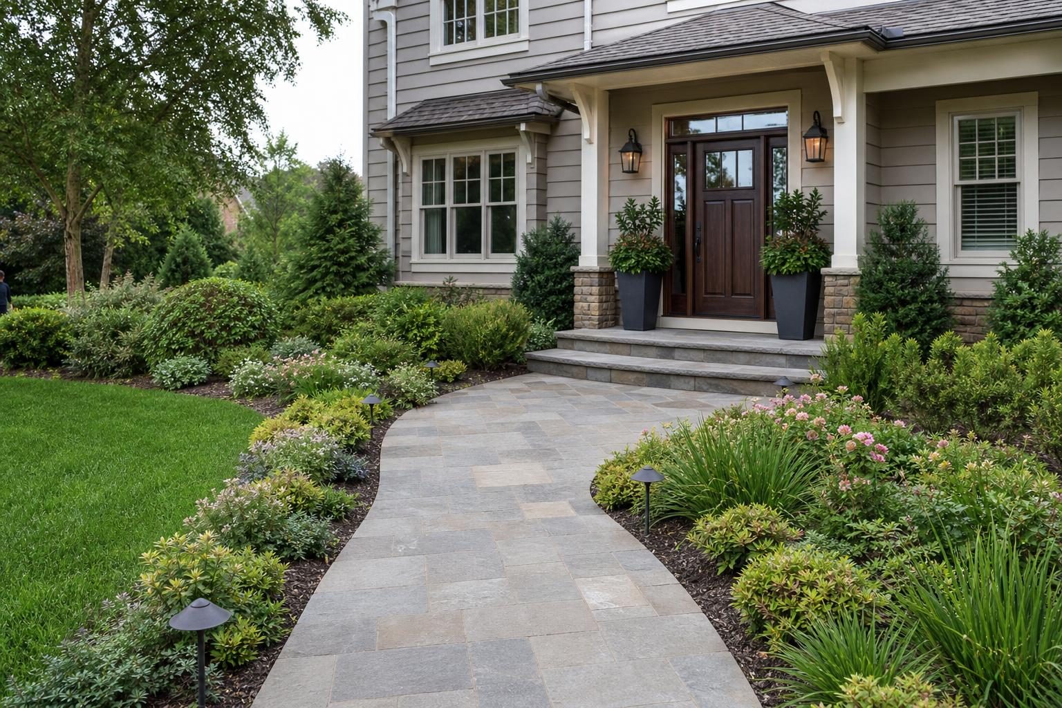 A wide, curved walkway, layered foundation plantings and lit steps make the front door easy to find.