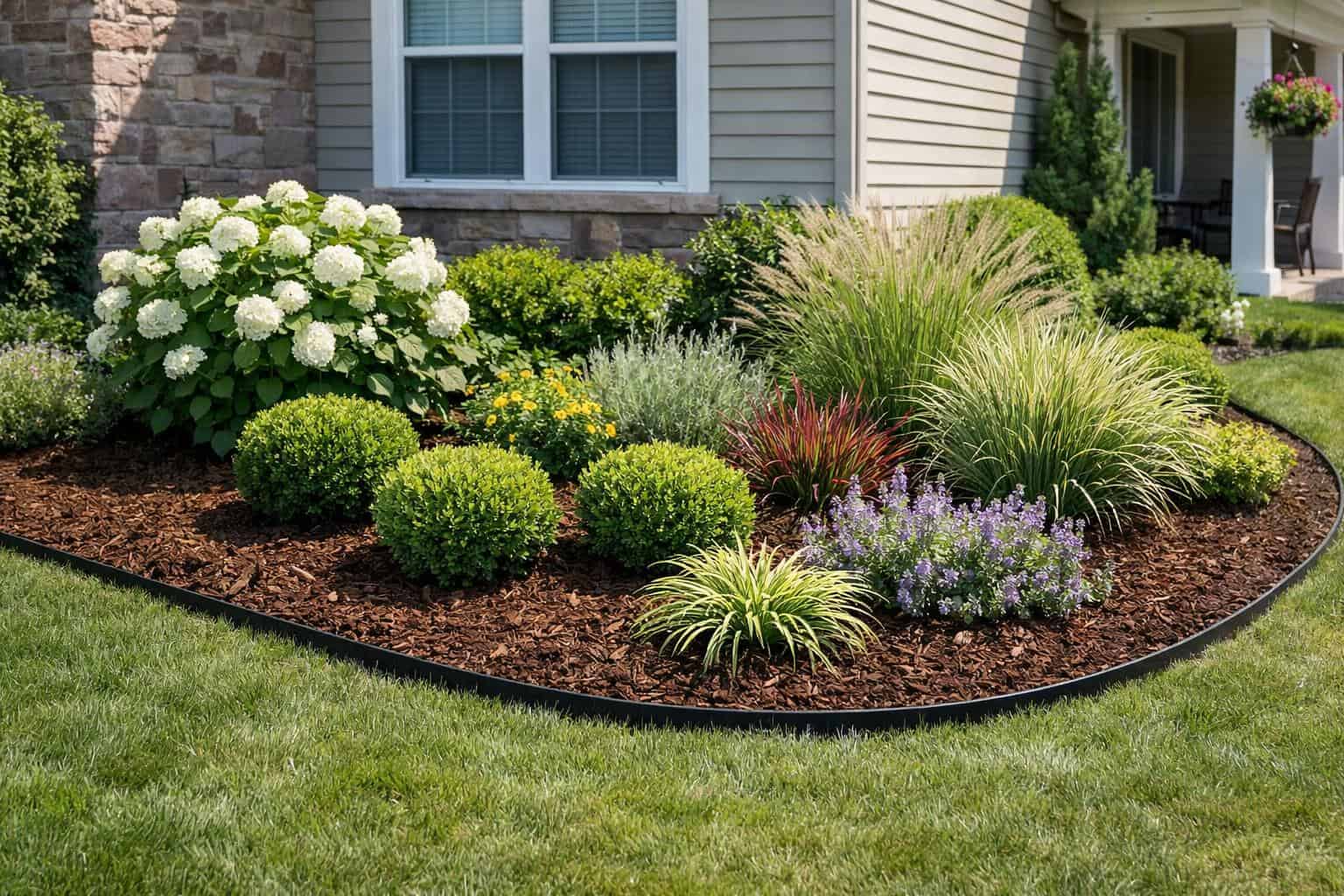 Fresh residential garden bed and planting installation with shrubs, mulch, edging, and ornamental grasses