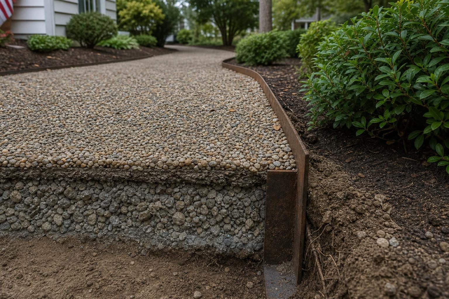 A gravel walkway with a compacted crushed-stone base under the top gravel, held by steel edging.