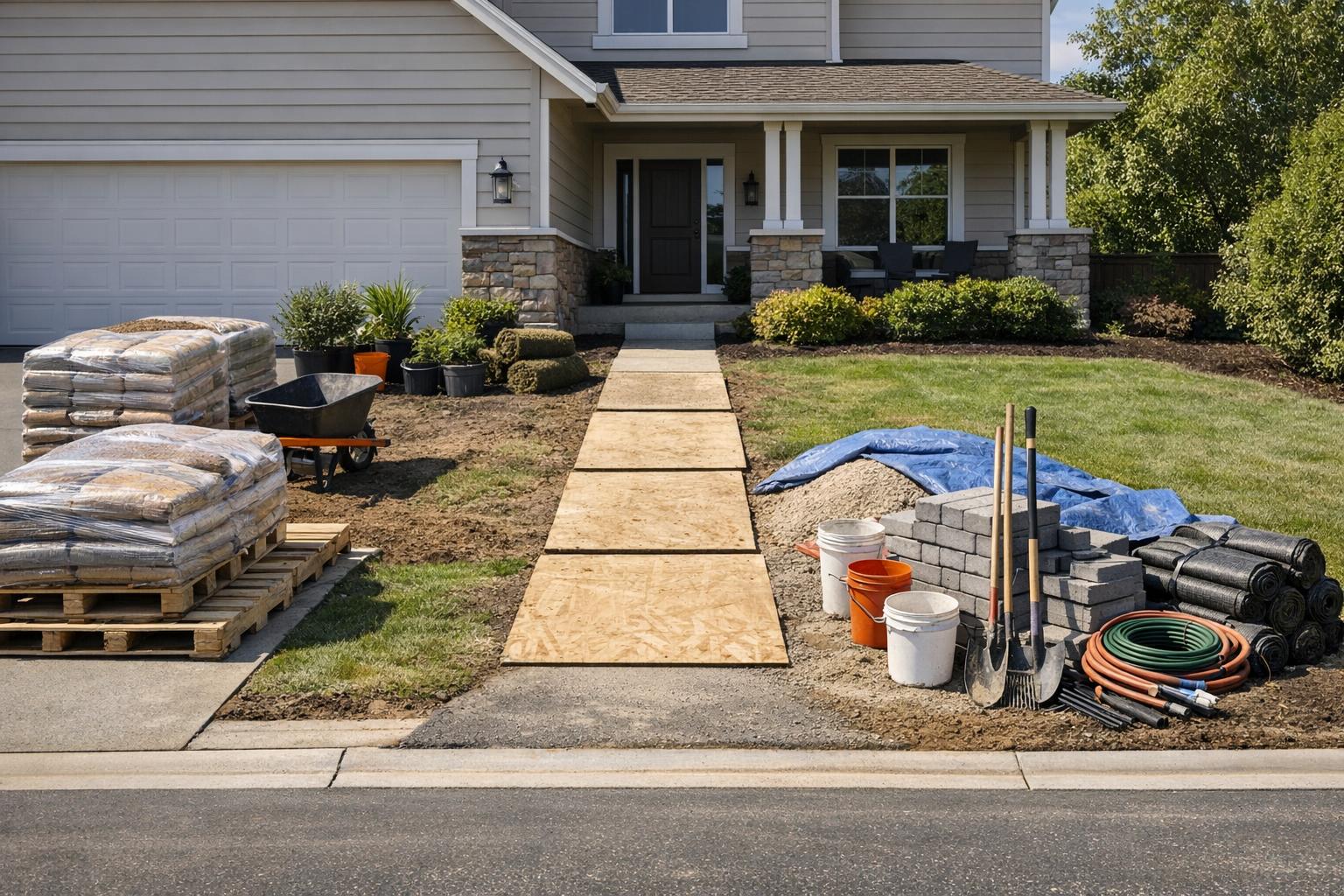 Residential yard and driveway staged for a landscaping crew with clear access and project readiness