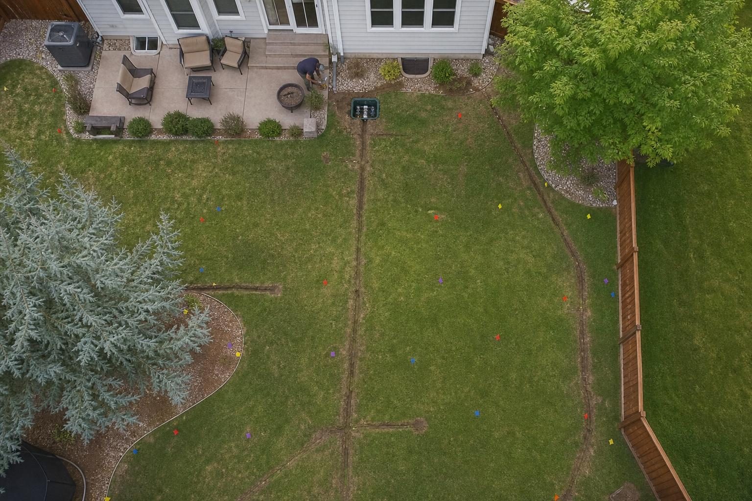 Trench lines laid out across a backyard for sprinkler pipe, planned before the irrigation system goes in.