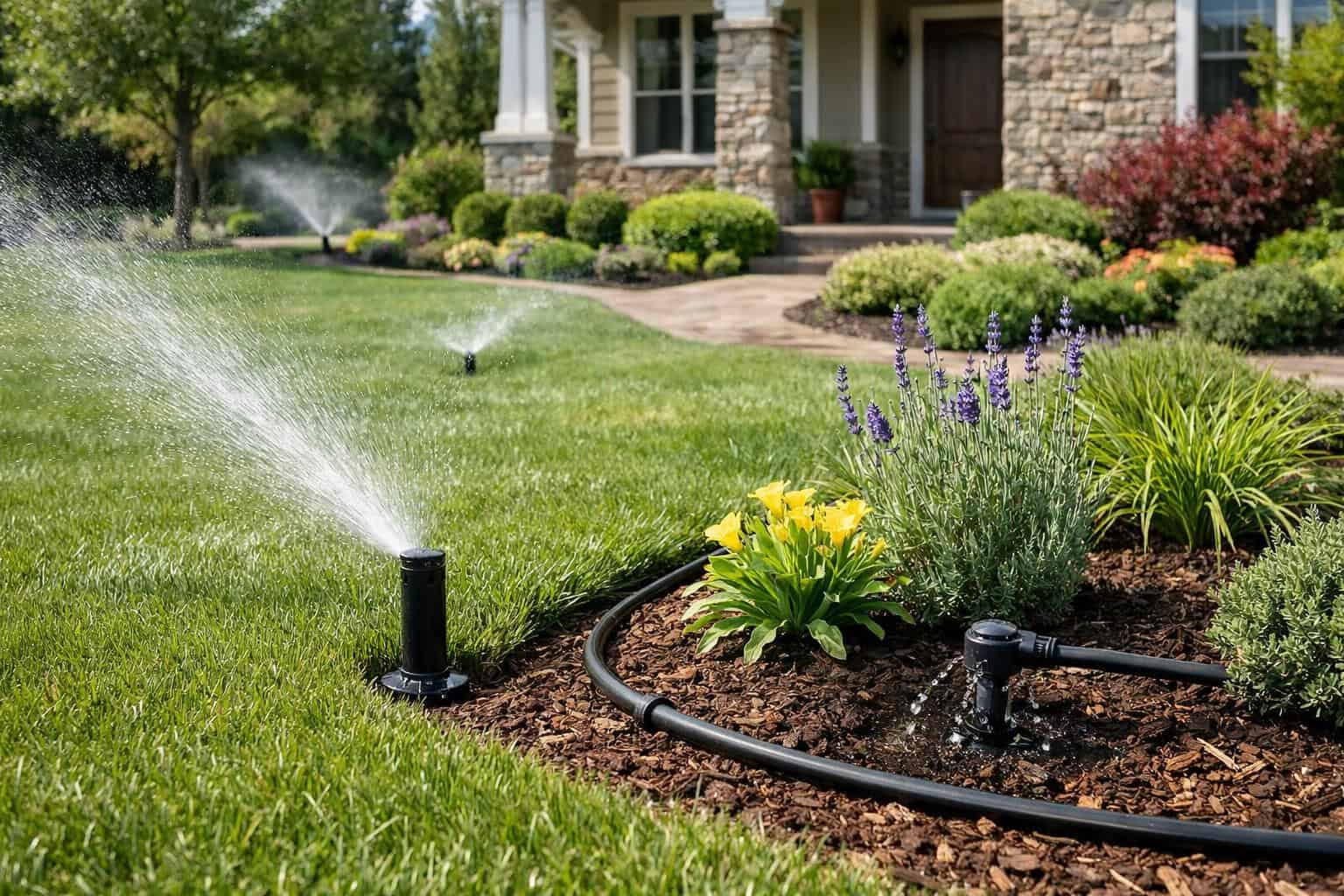 Landscaped residential yard with healthy lawn, planting beds, and irrigation system elements in use