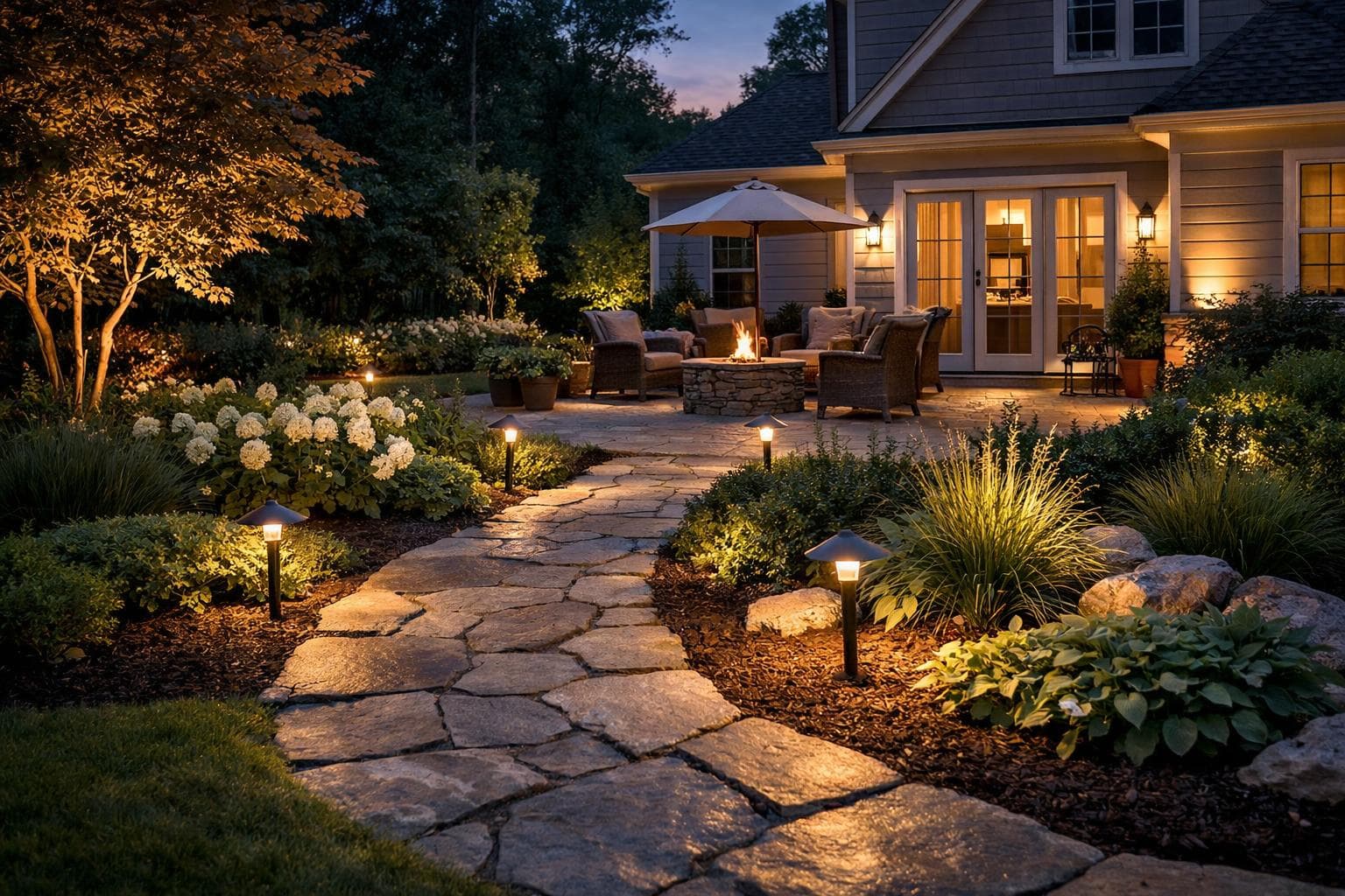 Residential landscape lighting at dusk with illuminated pathway lights, planting beds, and patio accents