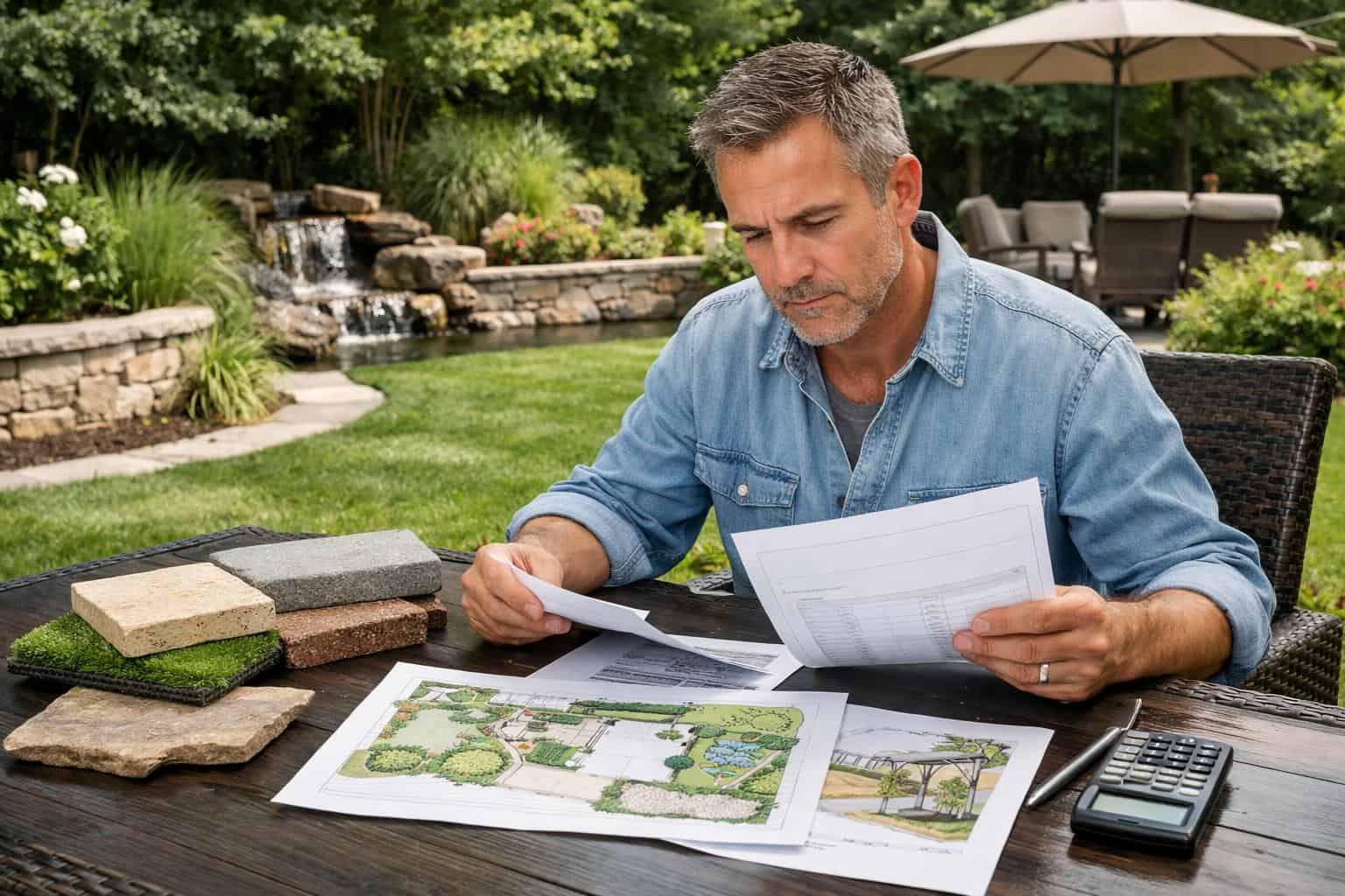 Homeowner reviewing landscaping estimates and material samples with a landscaped yard in the background