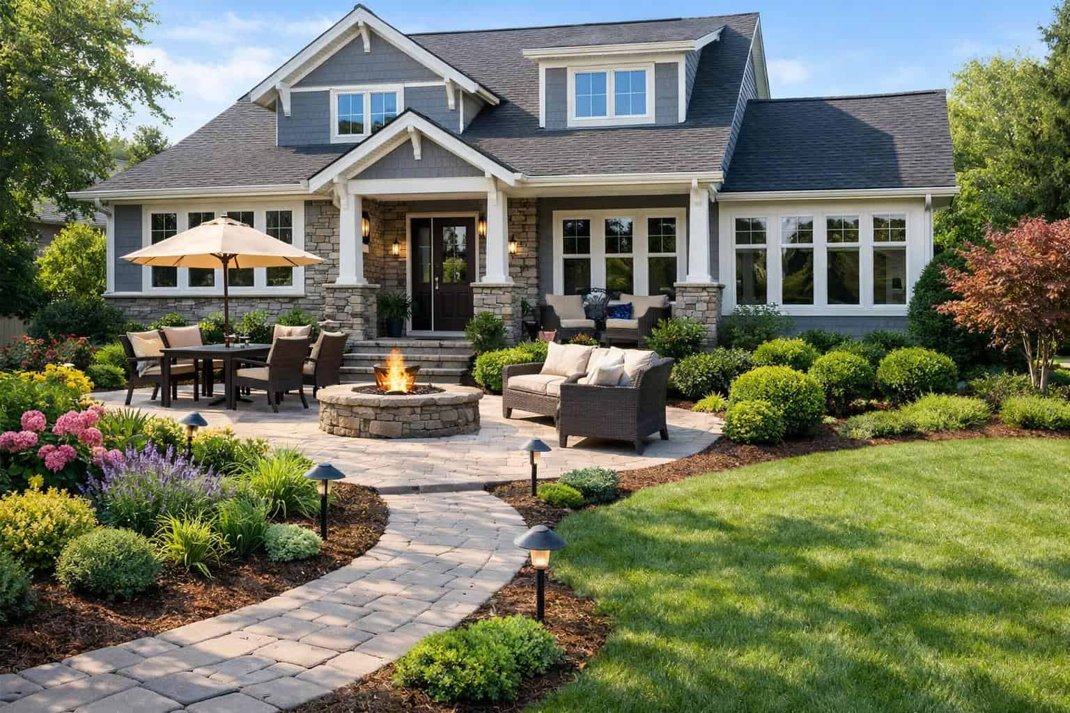 Residential home showing multiple landscaping services including patio, planting beds, lawn, lighting, and hardscape