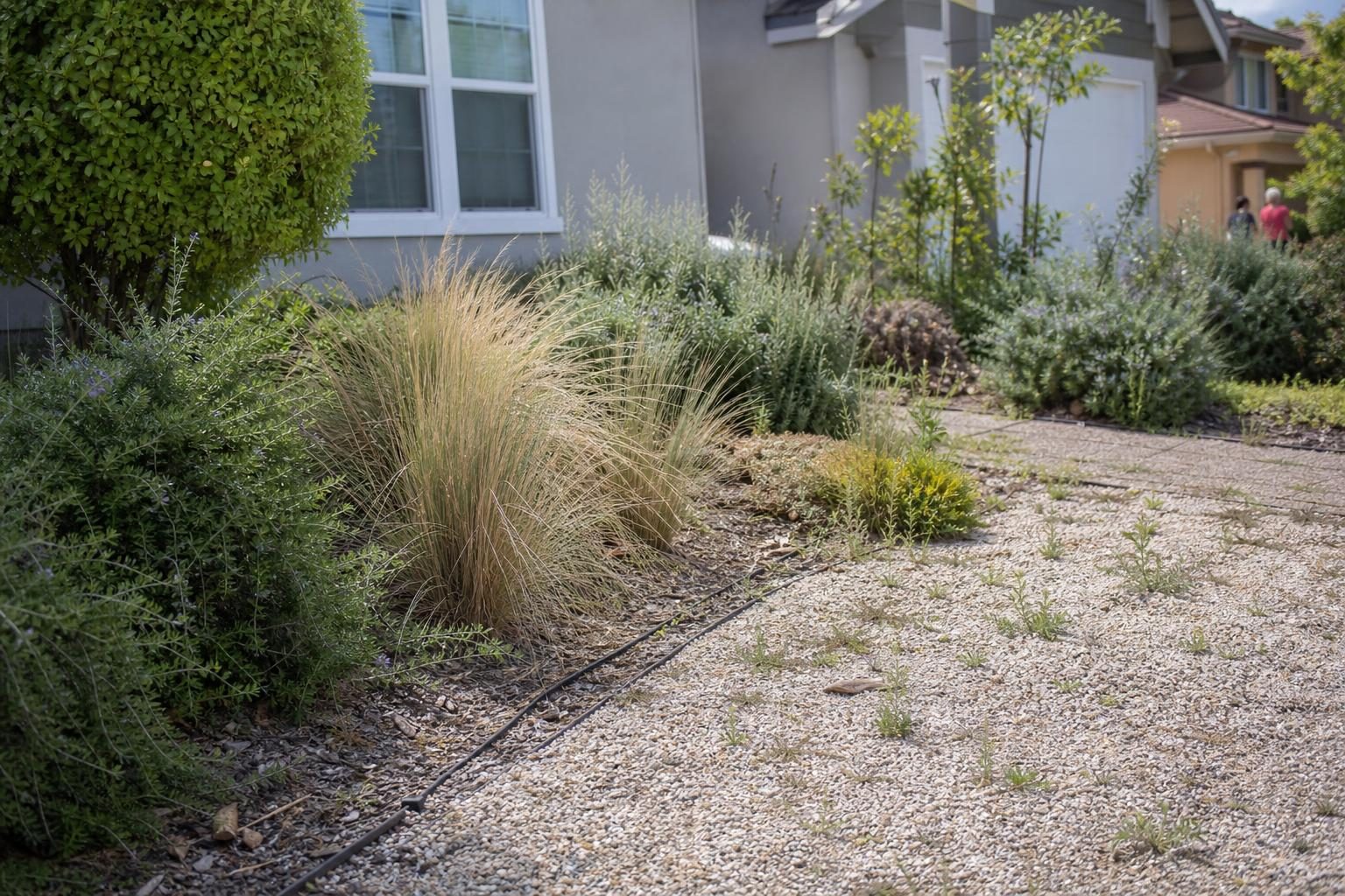 A low-maintenance yard where thin rock cover lets weeds through, a common planning mistake.