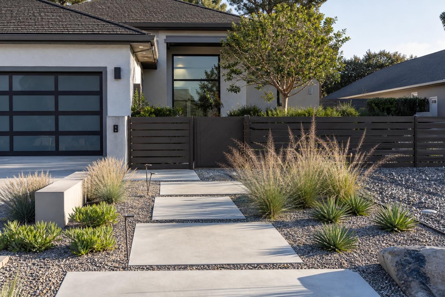 A modern front yard with large pavers, ornamental grasses in gravel and clean straight lines.