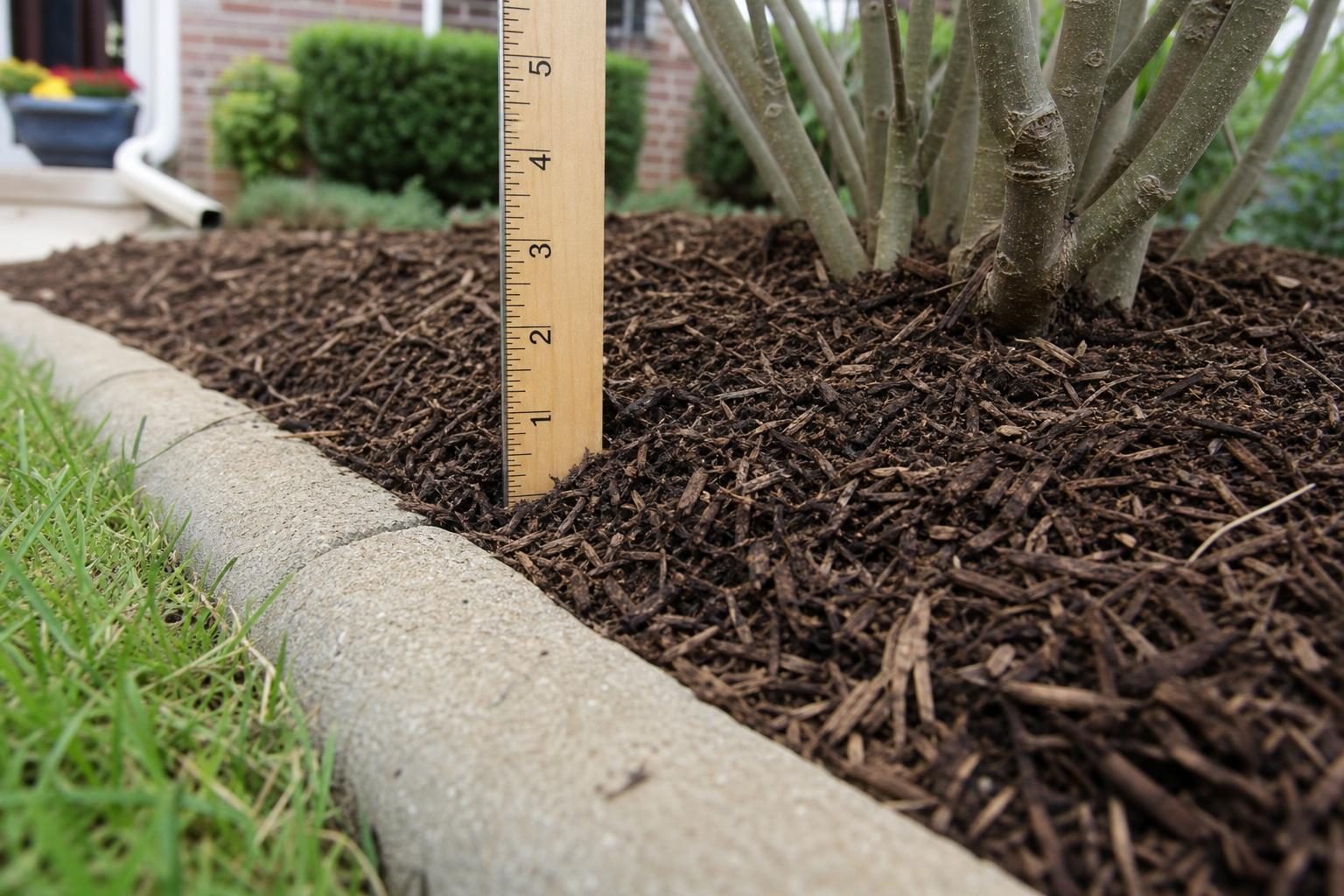 About 3 inches of bark mulch, kept pulled back from the shrub stems.