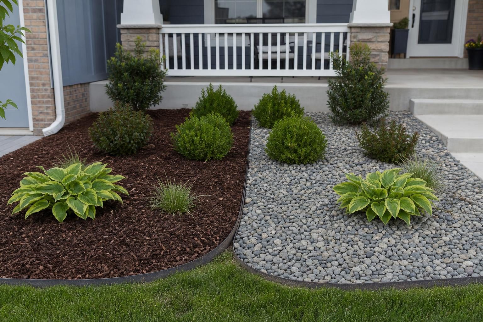 The same shrubs in shredded bark mulch (left bed) and decorative river rock (right bed).