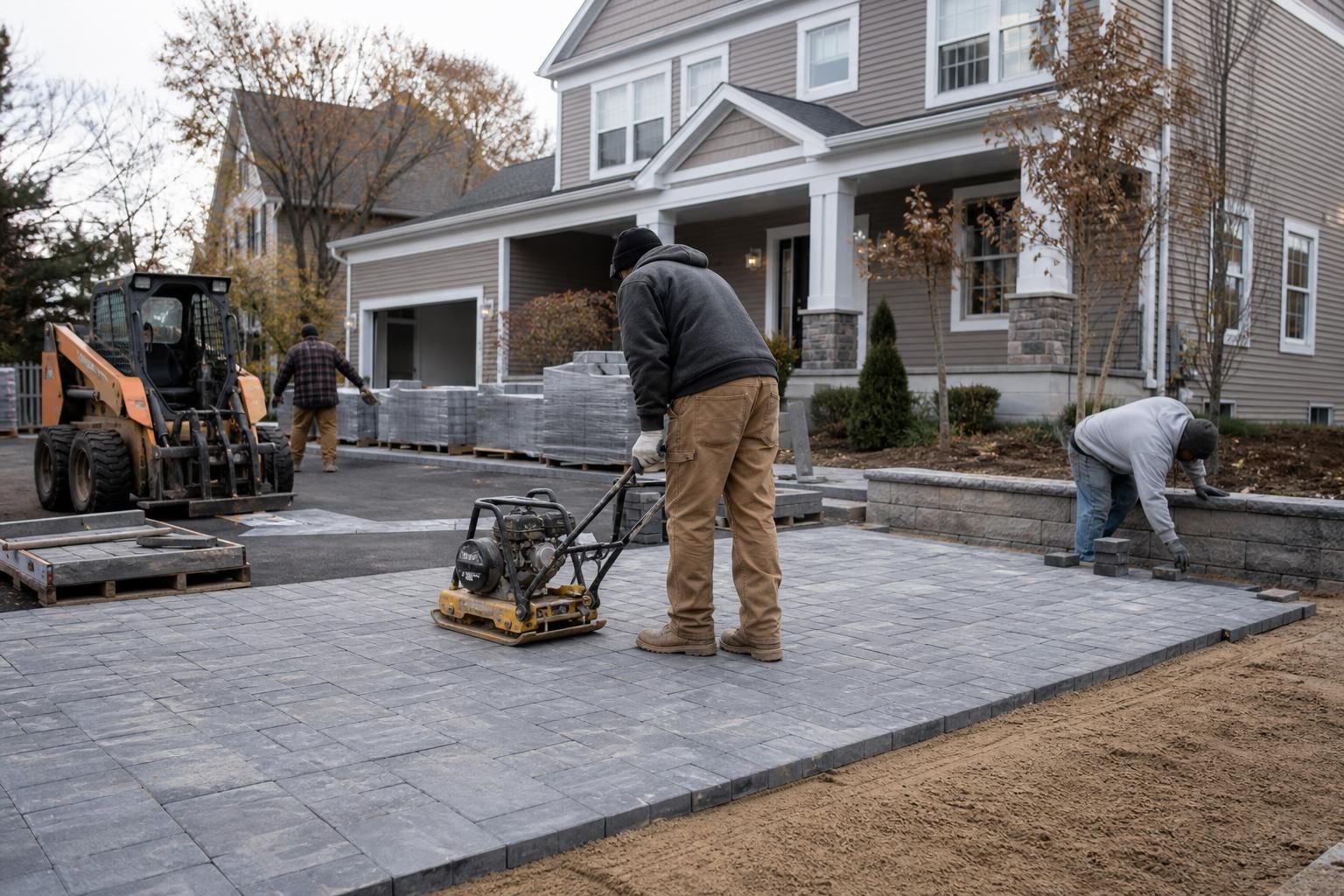 A paving crew compacts a new paver driveway with a plate compactor, pallets of pavers staged nearby.