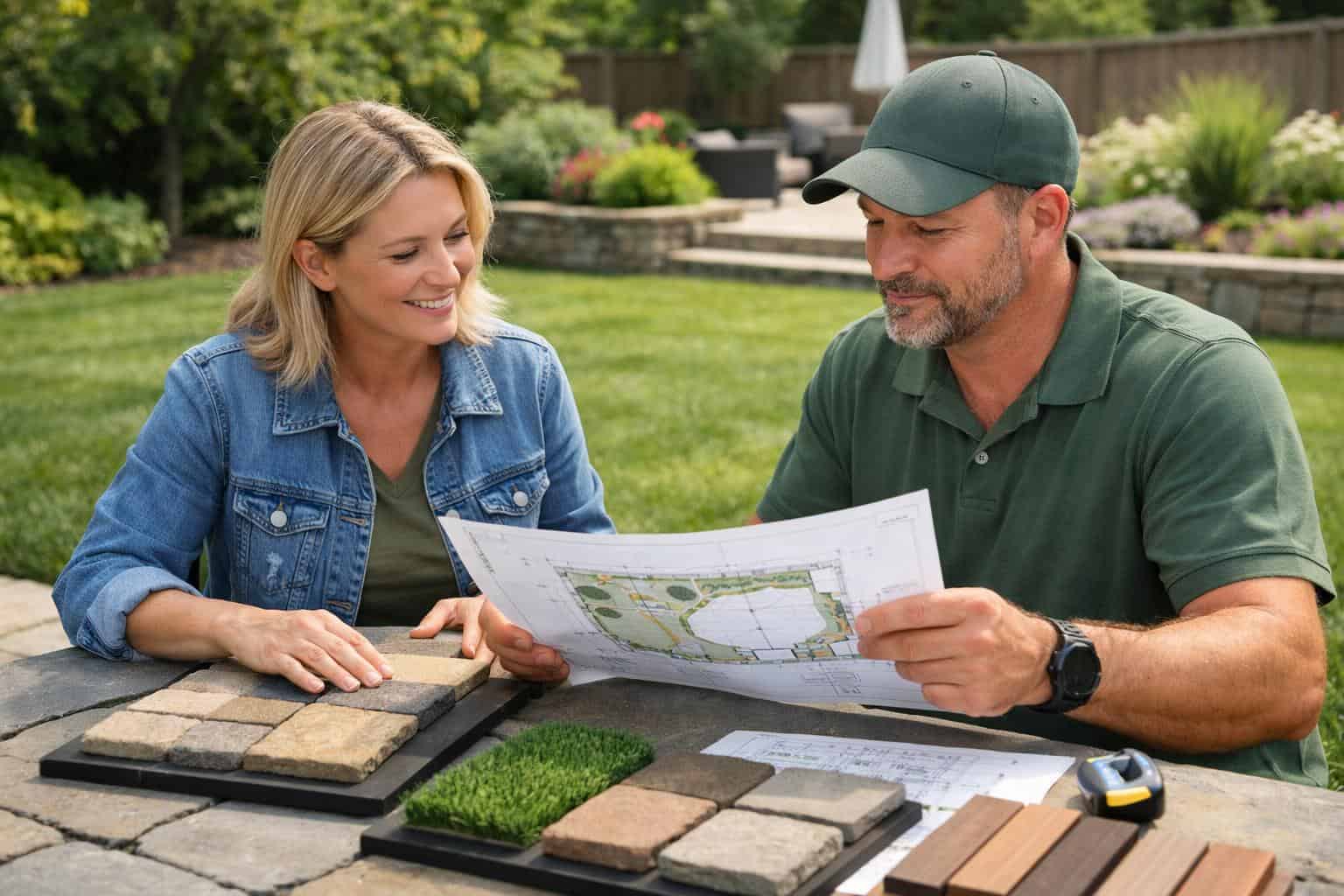 Homeowner meeting with a landscaper outdoors to review plans and materials for a yard project