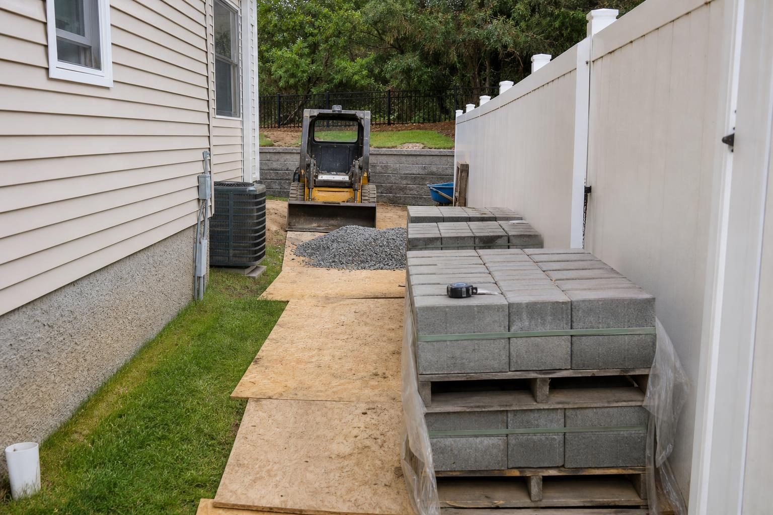 Wall blocks, gravel and a compact loader staged on plywood to protect the lawn in a narrow side-yard access.
