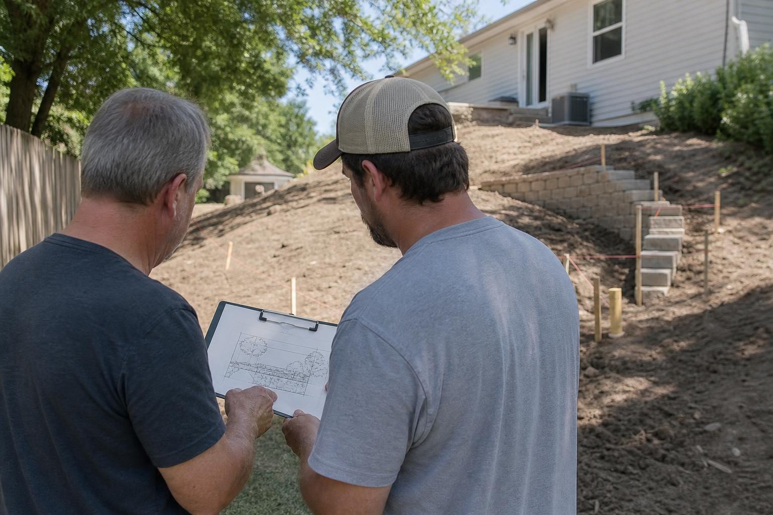 A staked, string-lined wall layout checked against the site plan before a permit application.