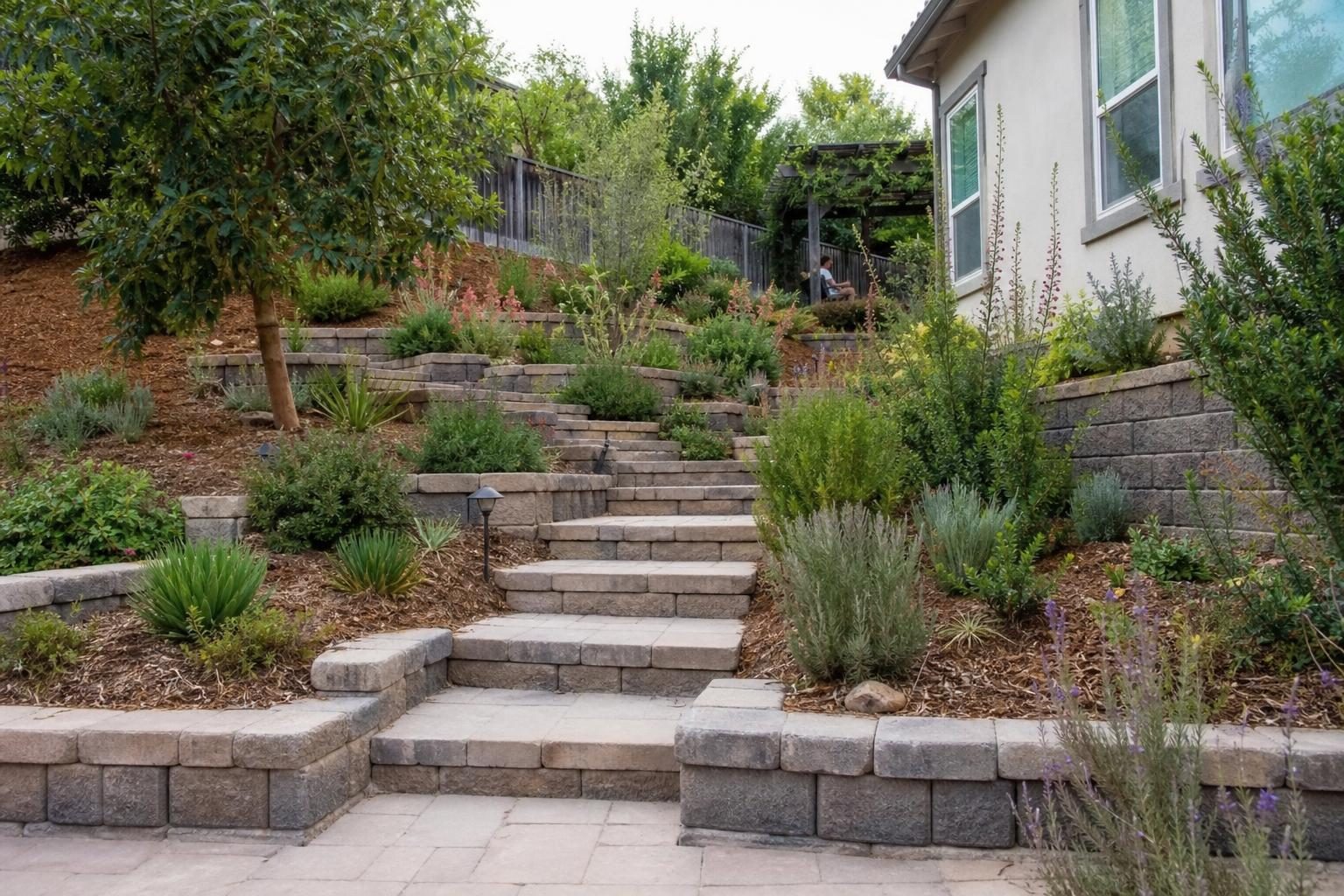 Low stone walls and steps turn a steep yard into usable terraced beds.