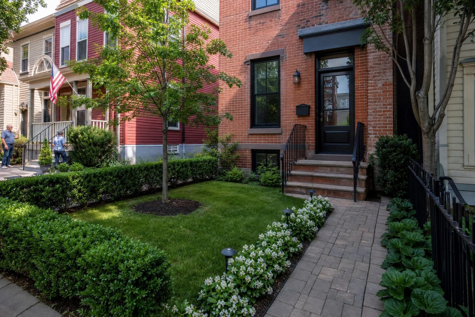 A small front yard kept simple: one tree, a narrow planting strip and a short paver walk.