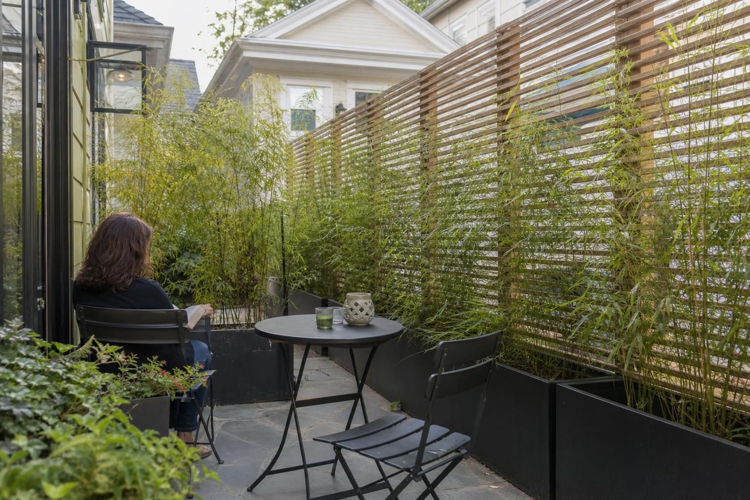 Tall planters and a slatted screen add privacy to a small patio without closing it in.