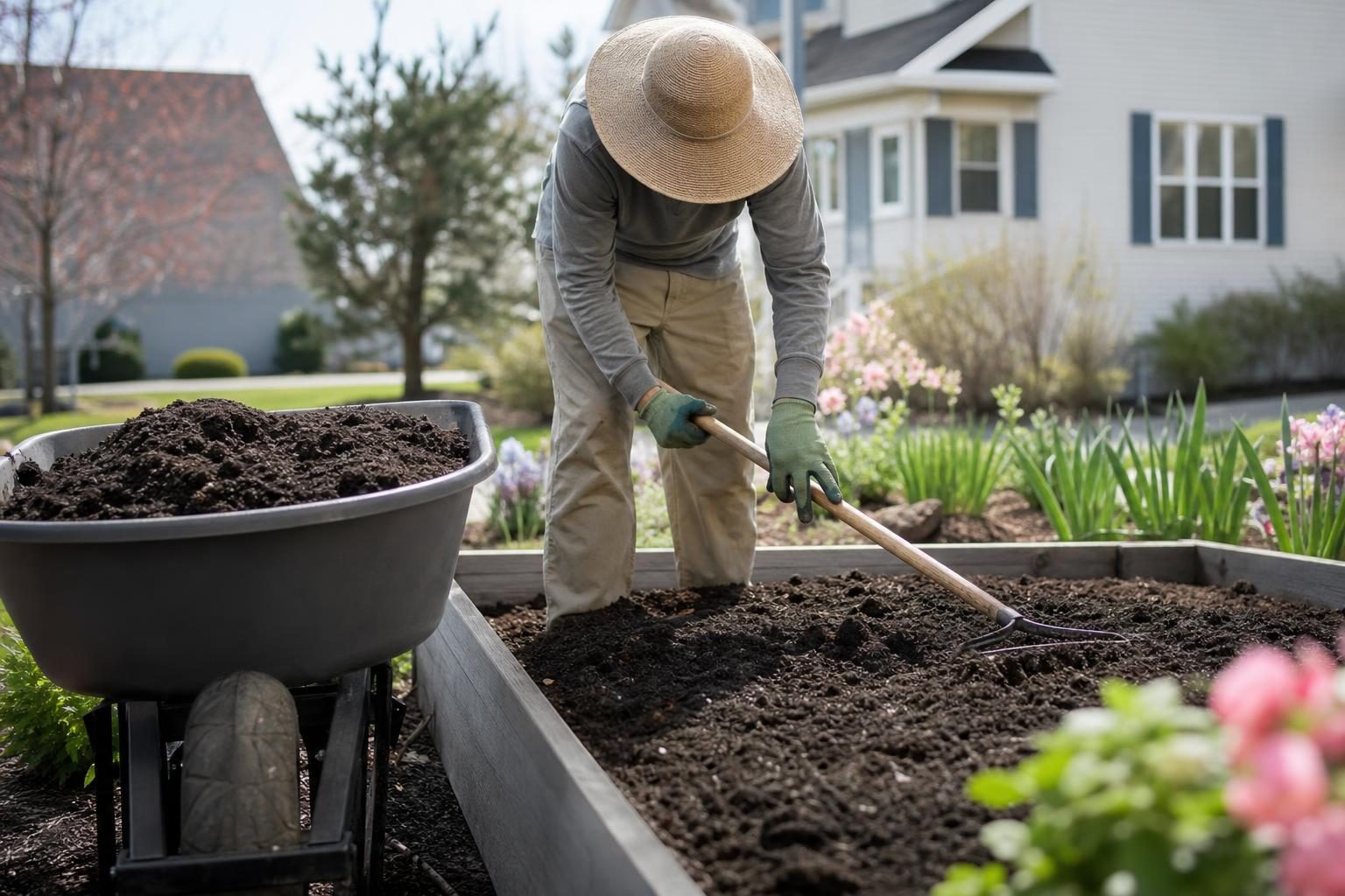 Compost worked into existing bed soil, with a load of screened topsoil ready beside it.