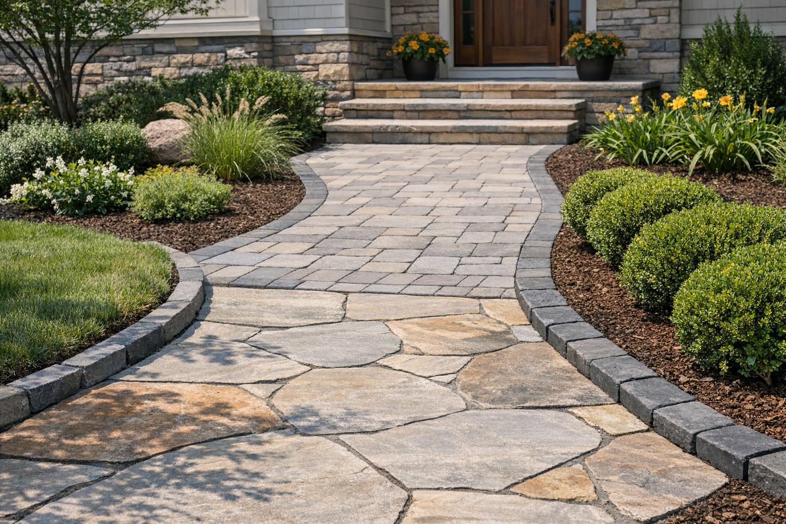 Front entry walkway with edging, planting beds, and material detail relevant to pathway cost planning