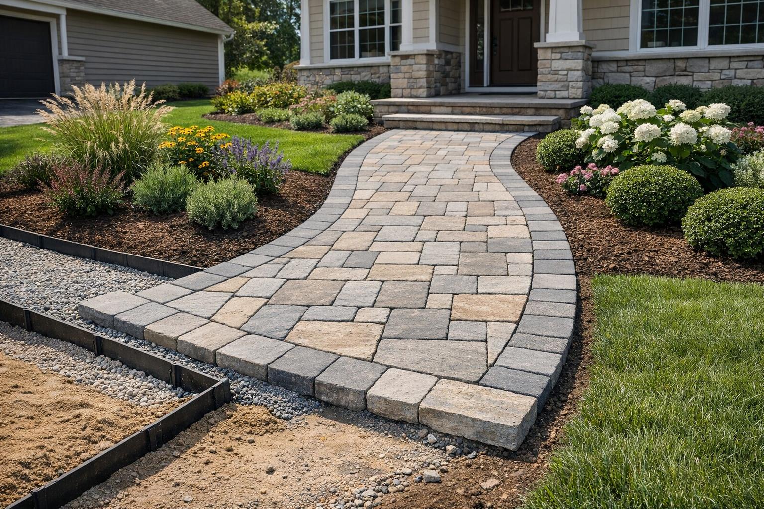 Residential walkway and pathway installation scene with pavers, edging, and landscape bed context
