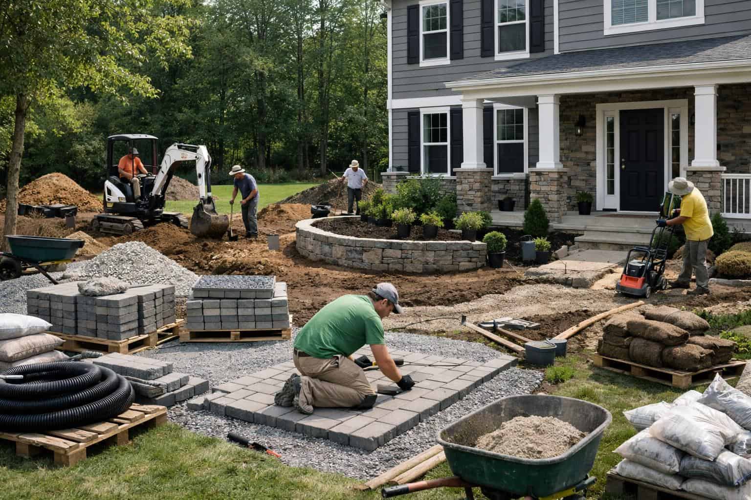 Residential landscaping project in progress with crew, materials, and installation work underway at a suburban home