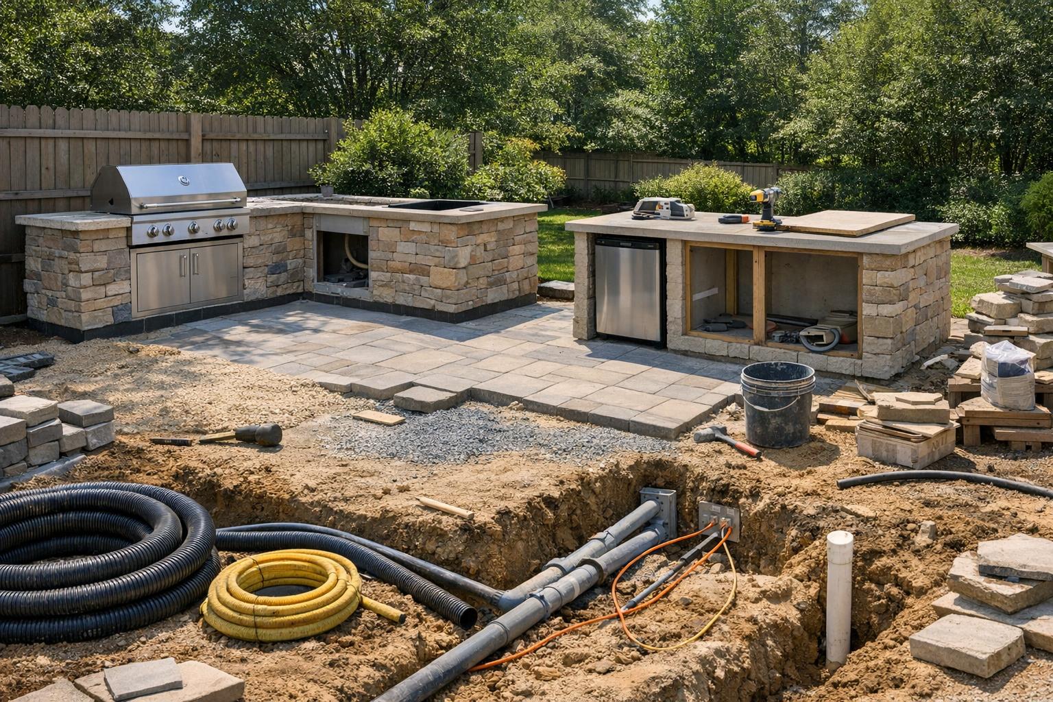 Outdoor kitchen installation scene showing structure, counters, appliances, and patio work in progress