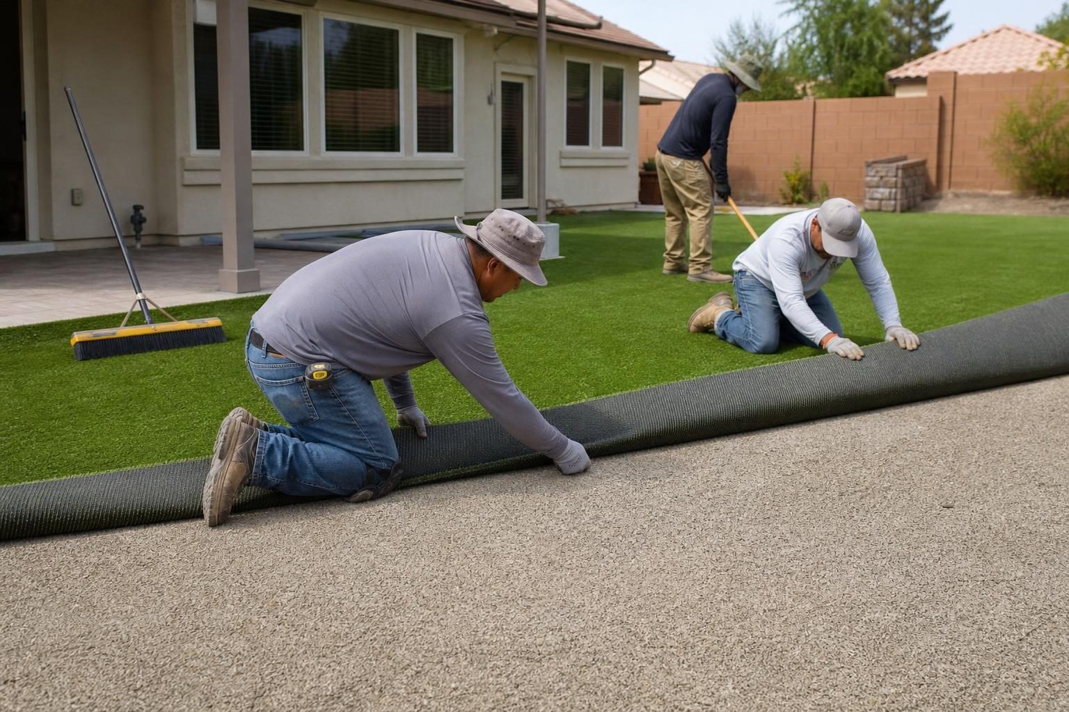 Crew rolling out a strip of artificial turf over a compacted crushed rock base in a backyard