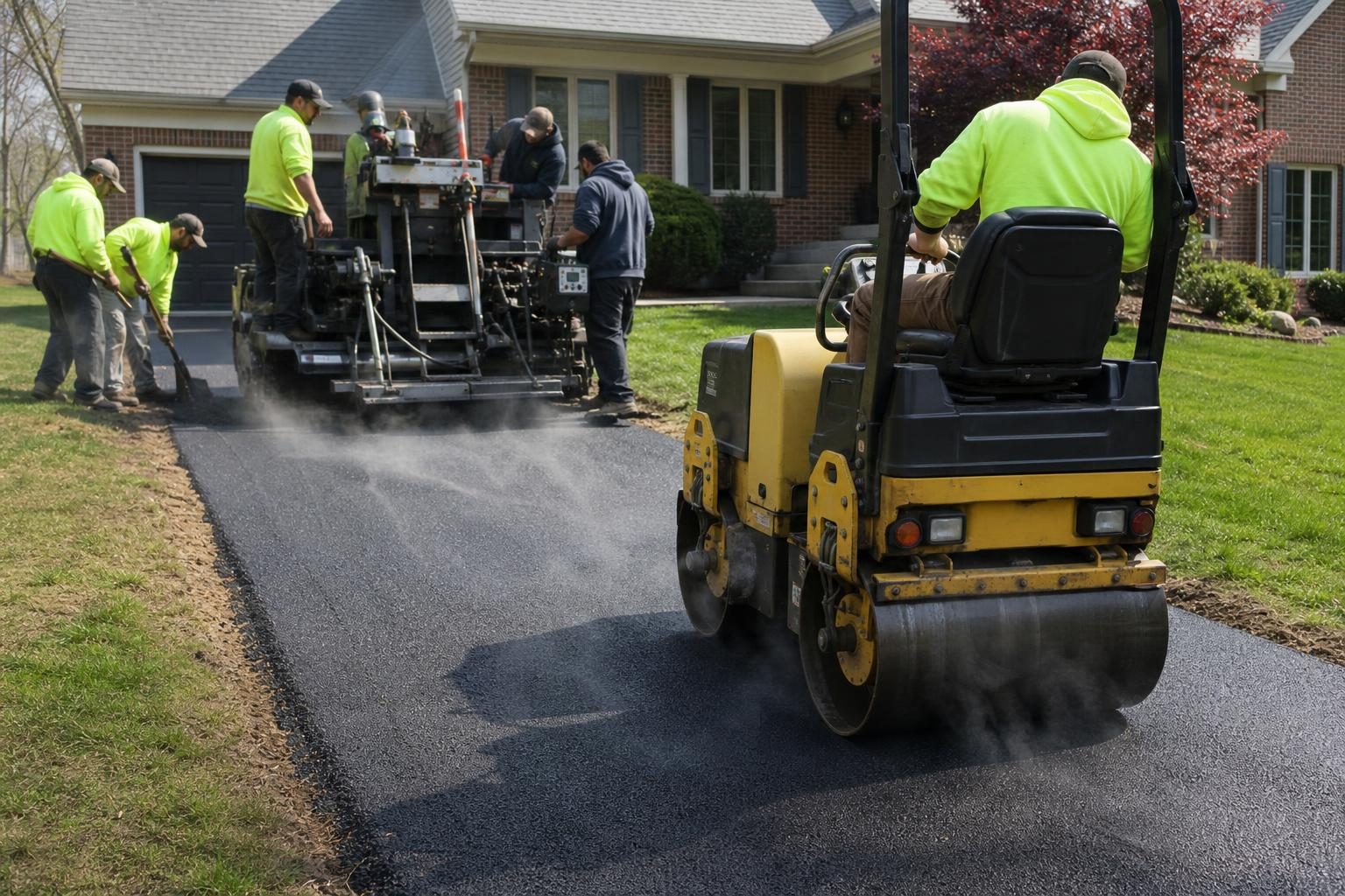 Asphalt paving crew with a small paver and roller laying fresh black asphalt on a residential driveway