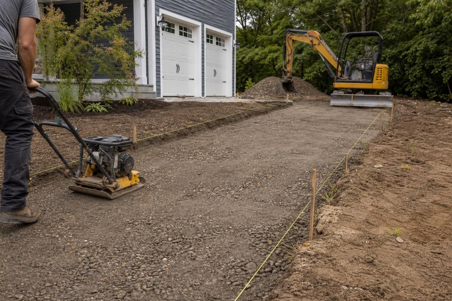 Small excavator and plate compactor preparing a residential driveway: old surface removed