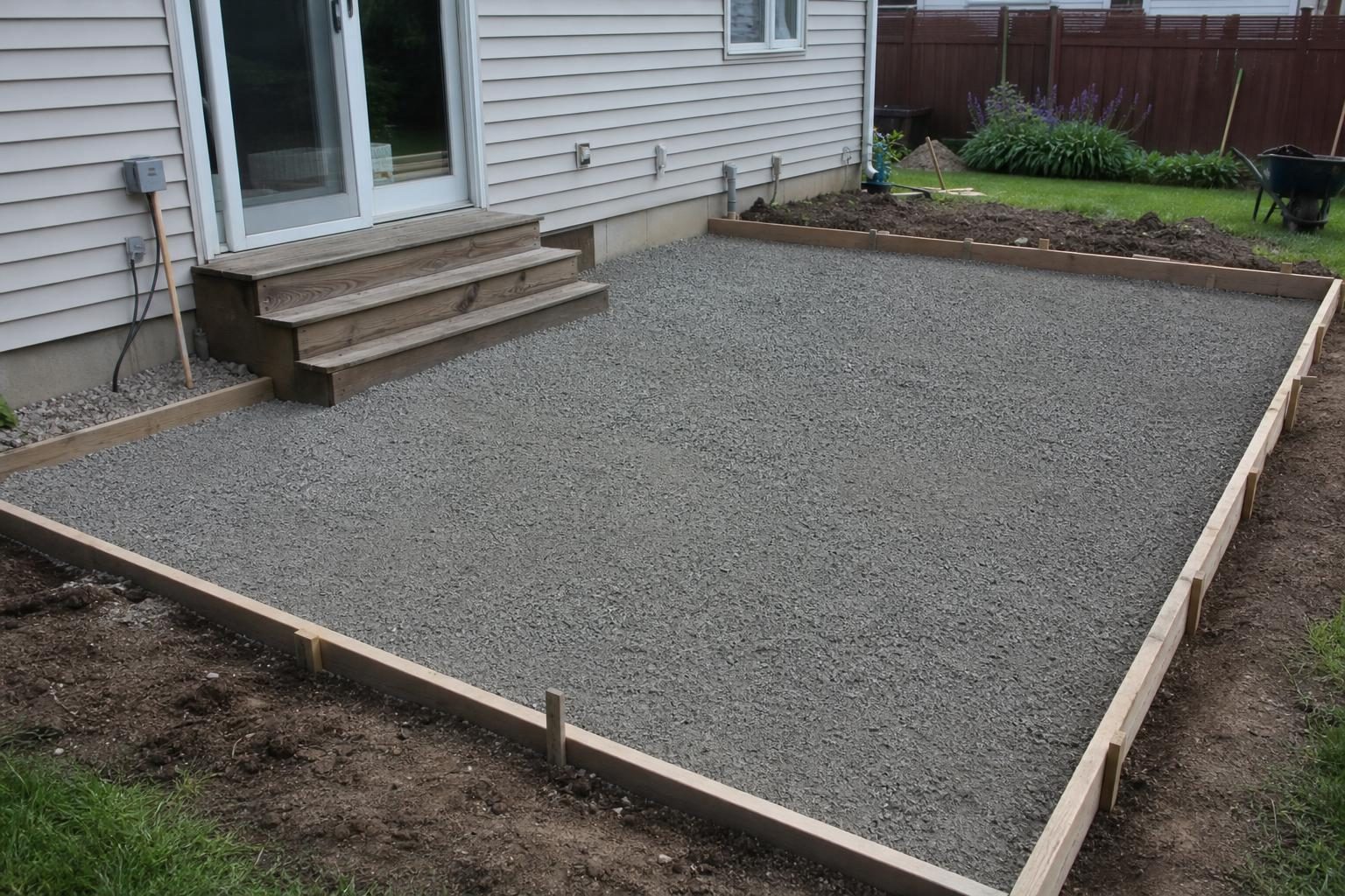 Wooden forms and compacted gravel base prepared for a rectangular backyard concrete patio next to the back door of a hou