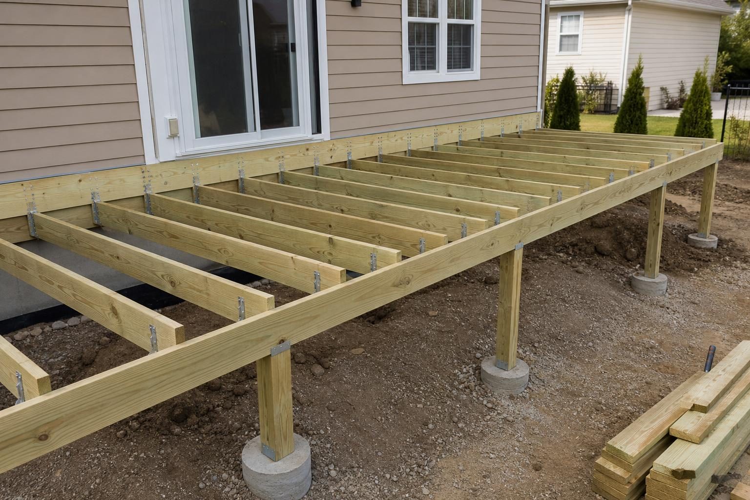 Wood deck framing under construction attached to the back of a house: ledger board