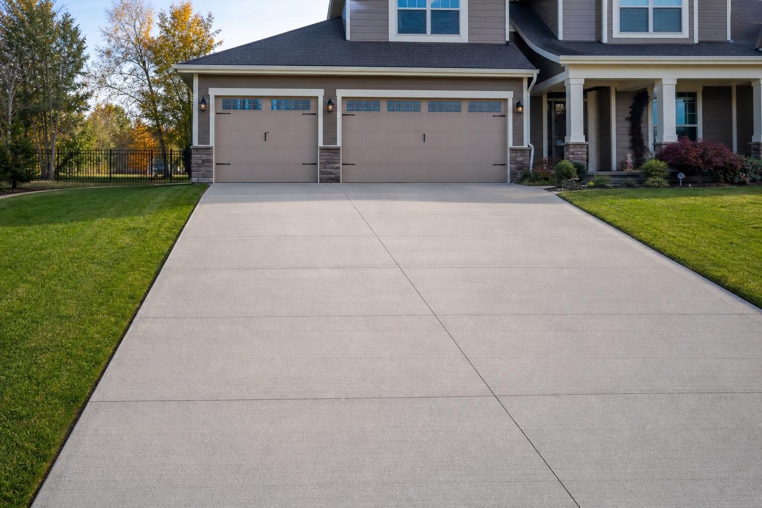 A wide broom-finish concrete driveway leading to a two-car garage of a suburban American house