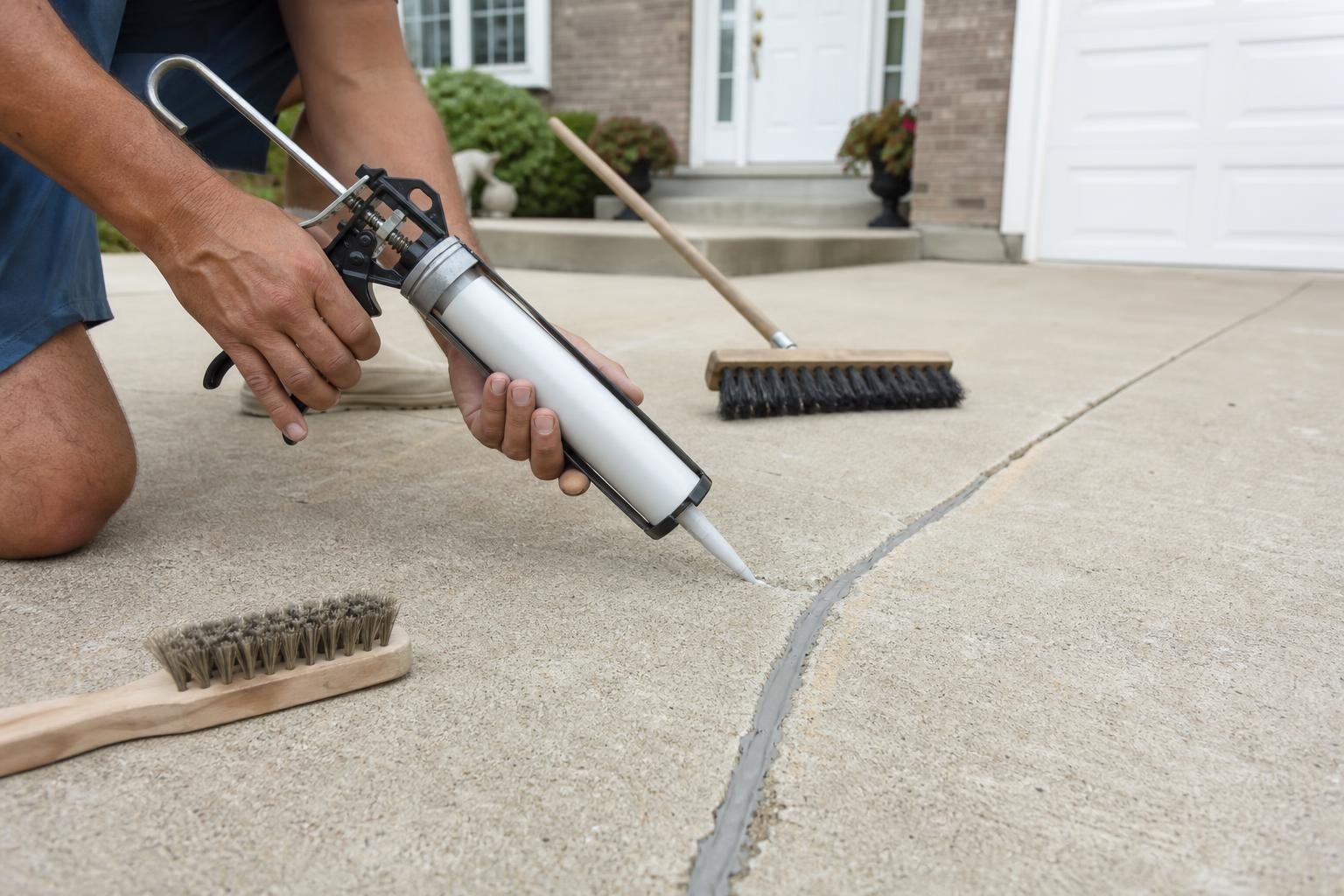 Close-up of hands using a caulk gun to fill a long crack in a concrete driveway with gray crack filler