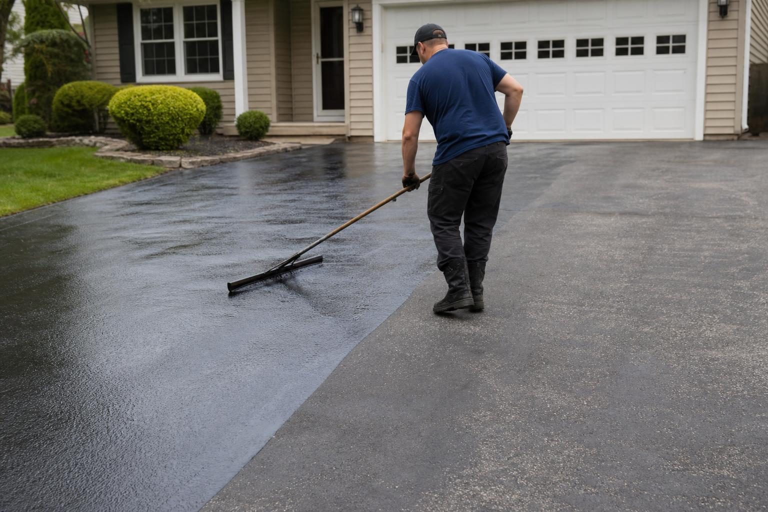 Worker applying black sealcoat to an asphalt driveway with a squeegee