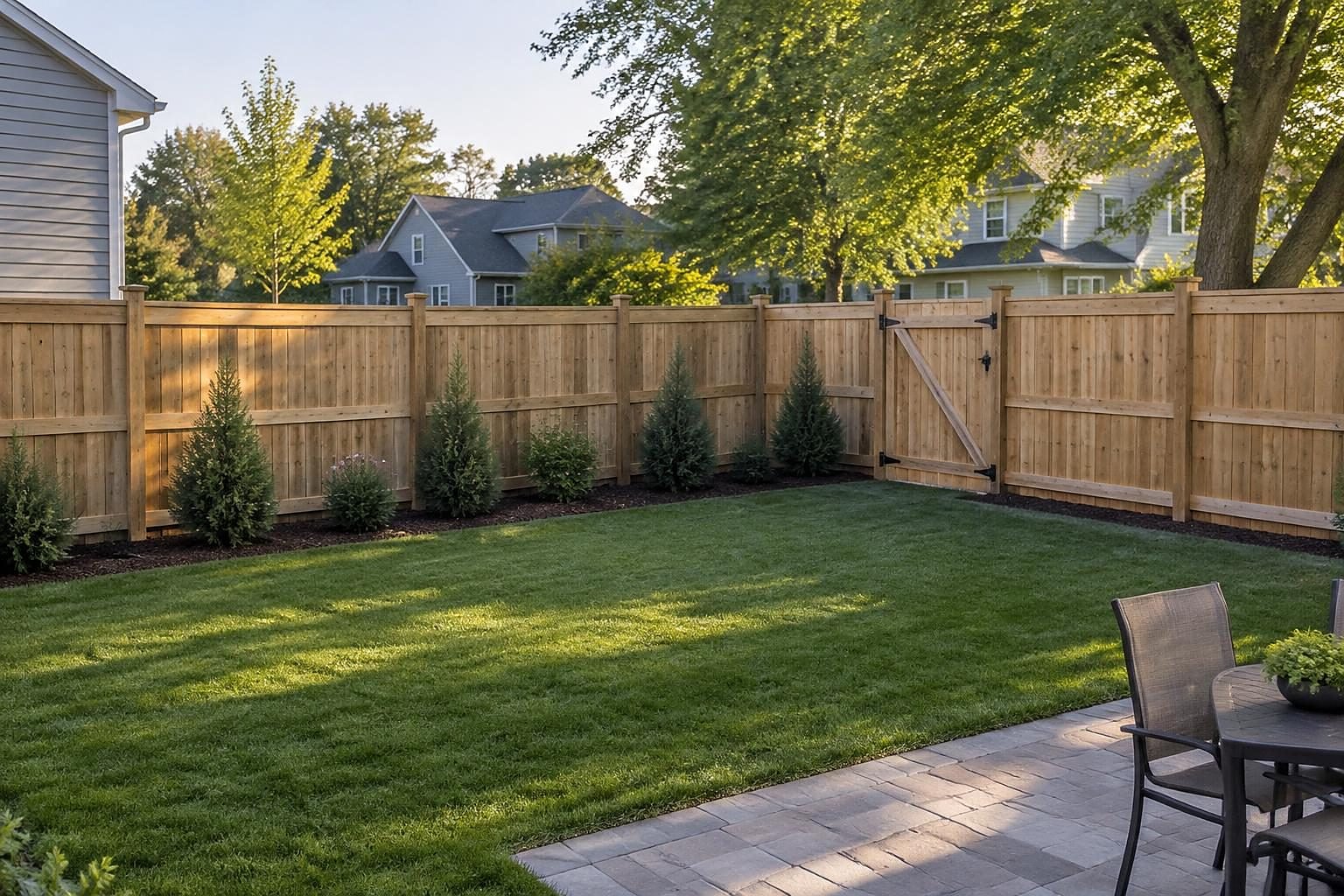 A new cedar board-on-board privacy fence with a walk gate and young evergreen shrubs planted along it in a suburban backyard.