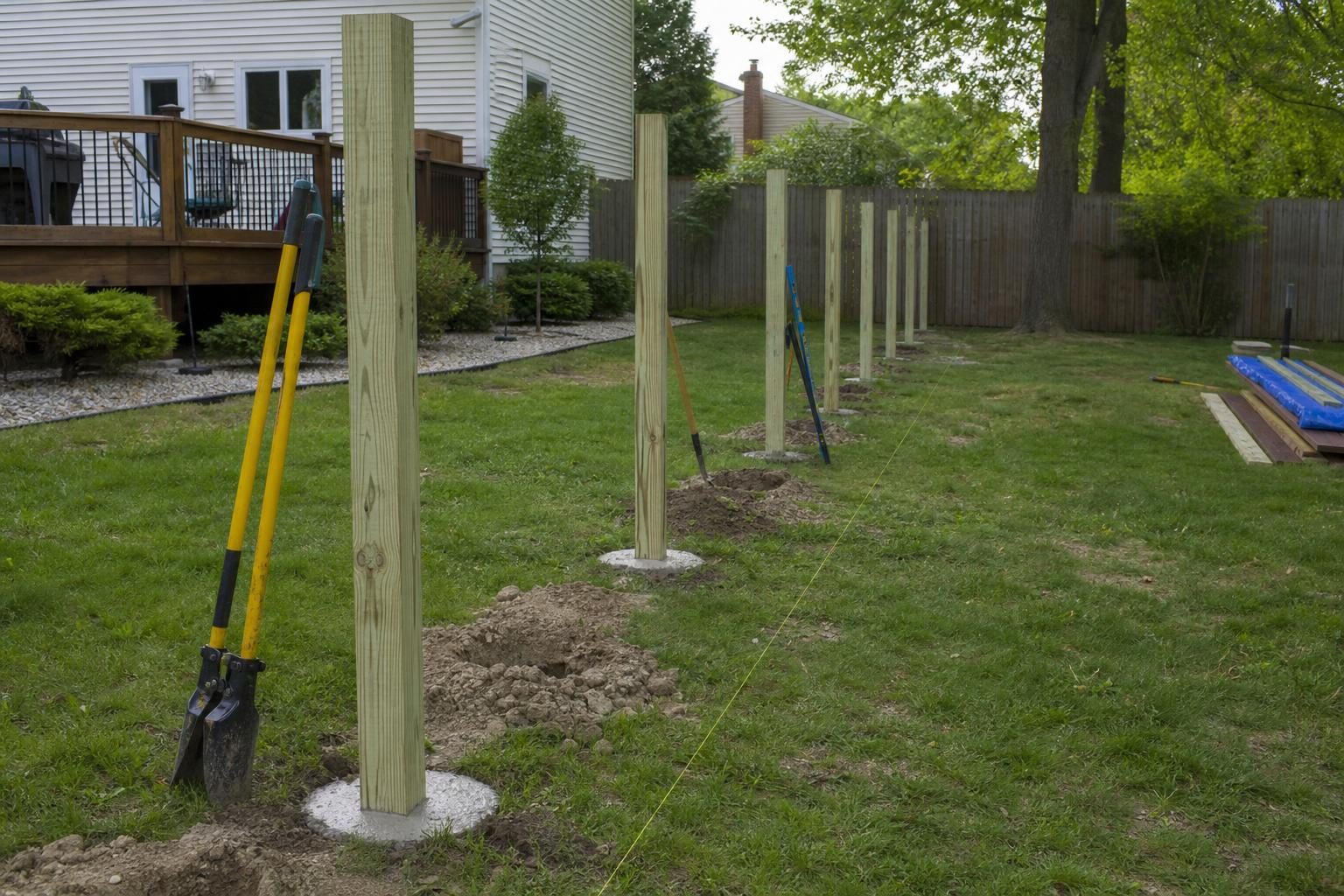 Fence installation in progress in a suburban backyard: new wooden posts set in concrete footings along a string line