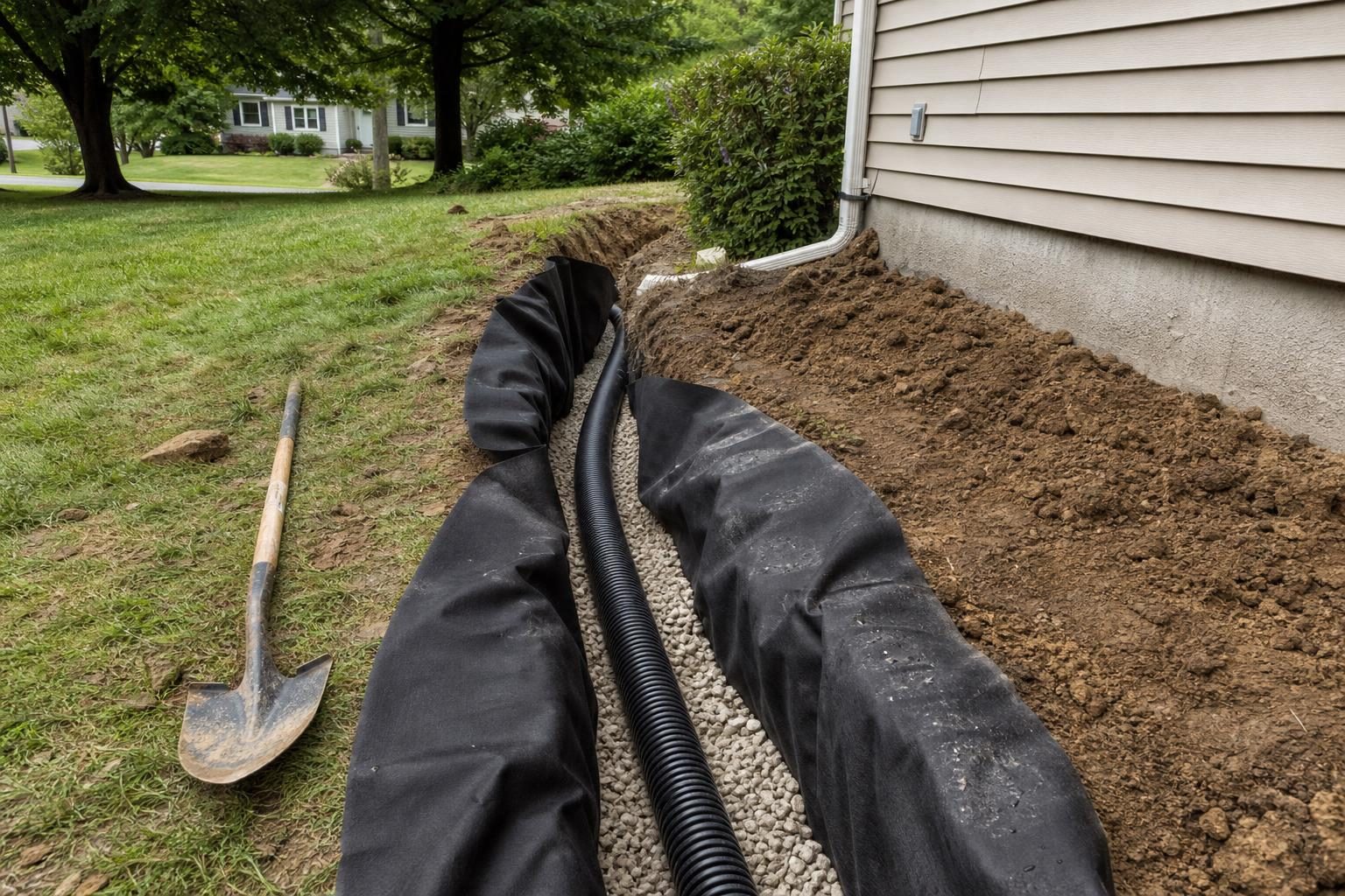 French drain trench lined with filter fabric, with corrugated pipe on a bed of washed gravel beside a house