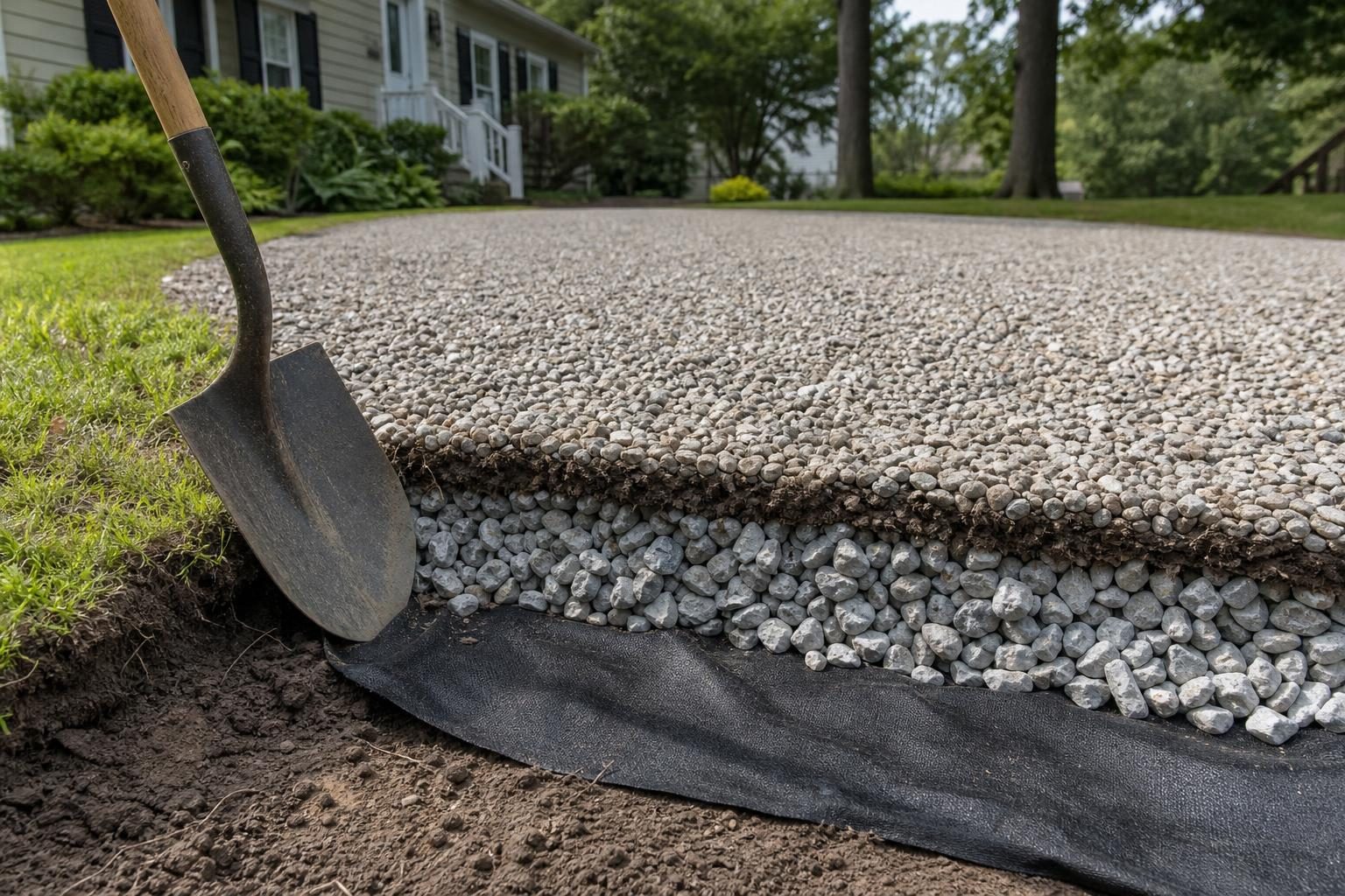 Cutaway-style view at the edge of a gravel driveway showing geotextile fabric