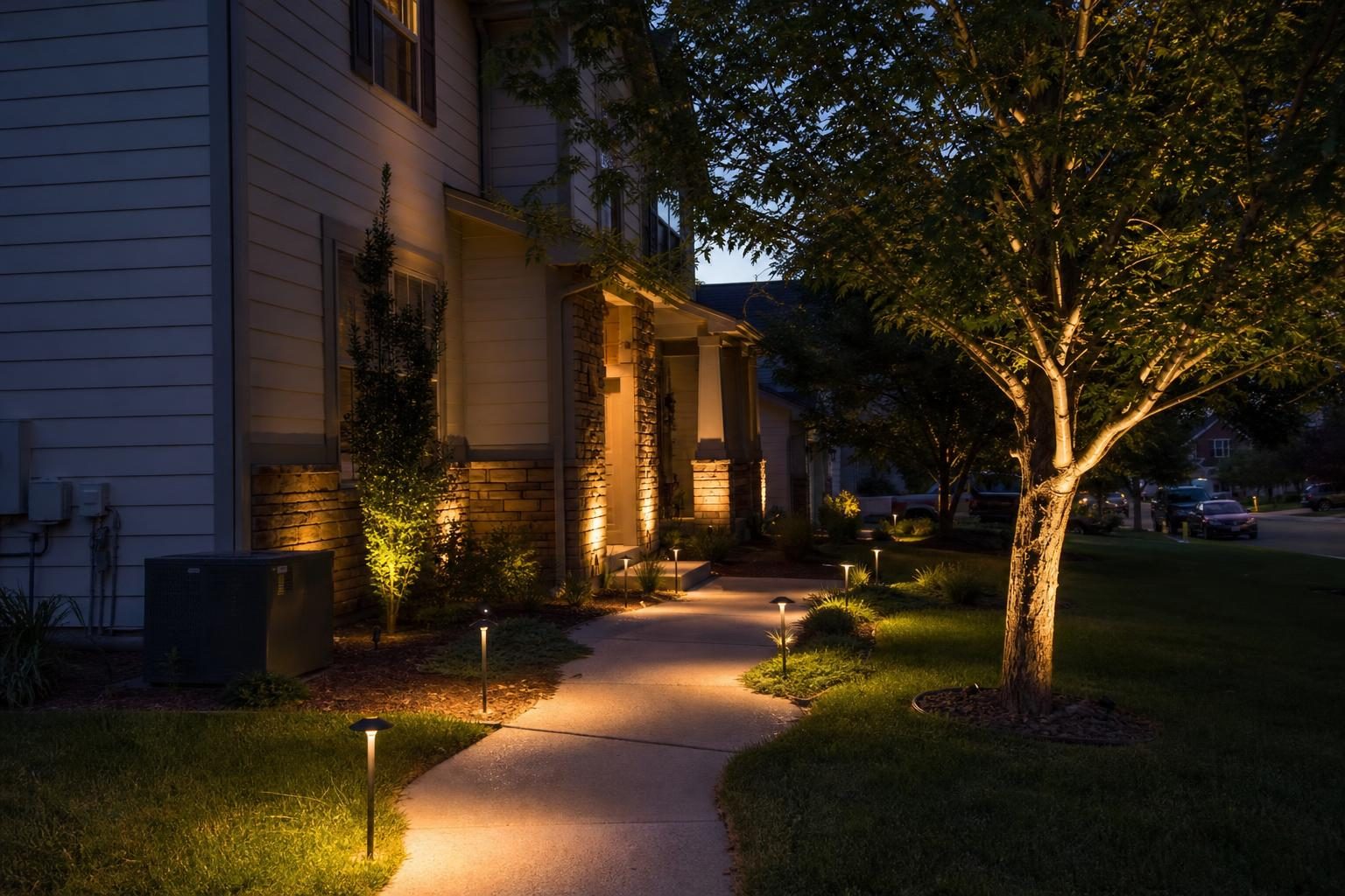 Front yard at dusk with warm low-voltage landscape lighting: path lights along a walkway