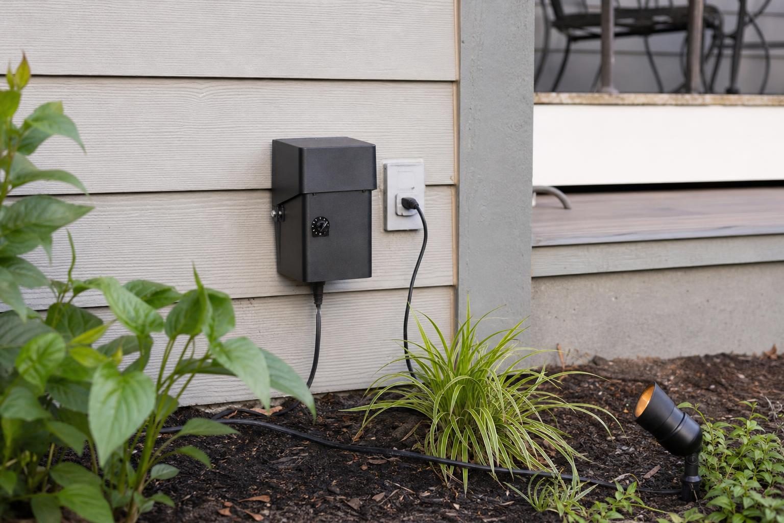 Low-voltage landscape lighting transformer with timer mounted on an exterior house wall near an outdoor outlet